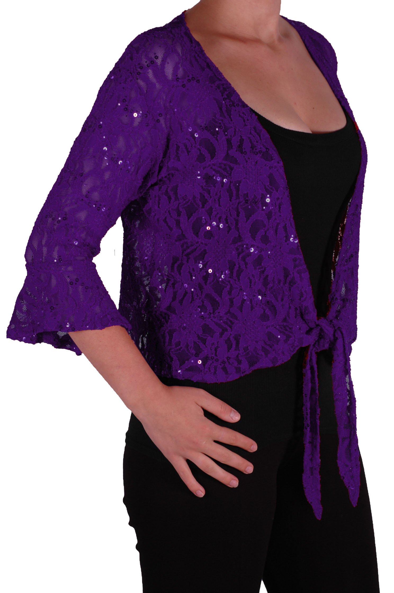 Eye Catch Women's Purple Oversize 12-26 - Darcey Sequin Cardi Tie Shrug Lace Bolero Top Plus Size 24-26