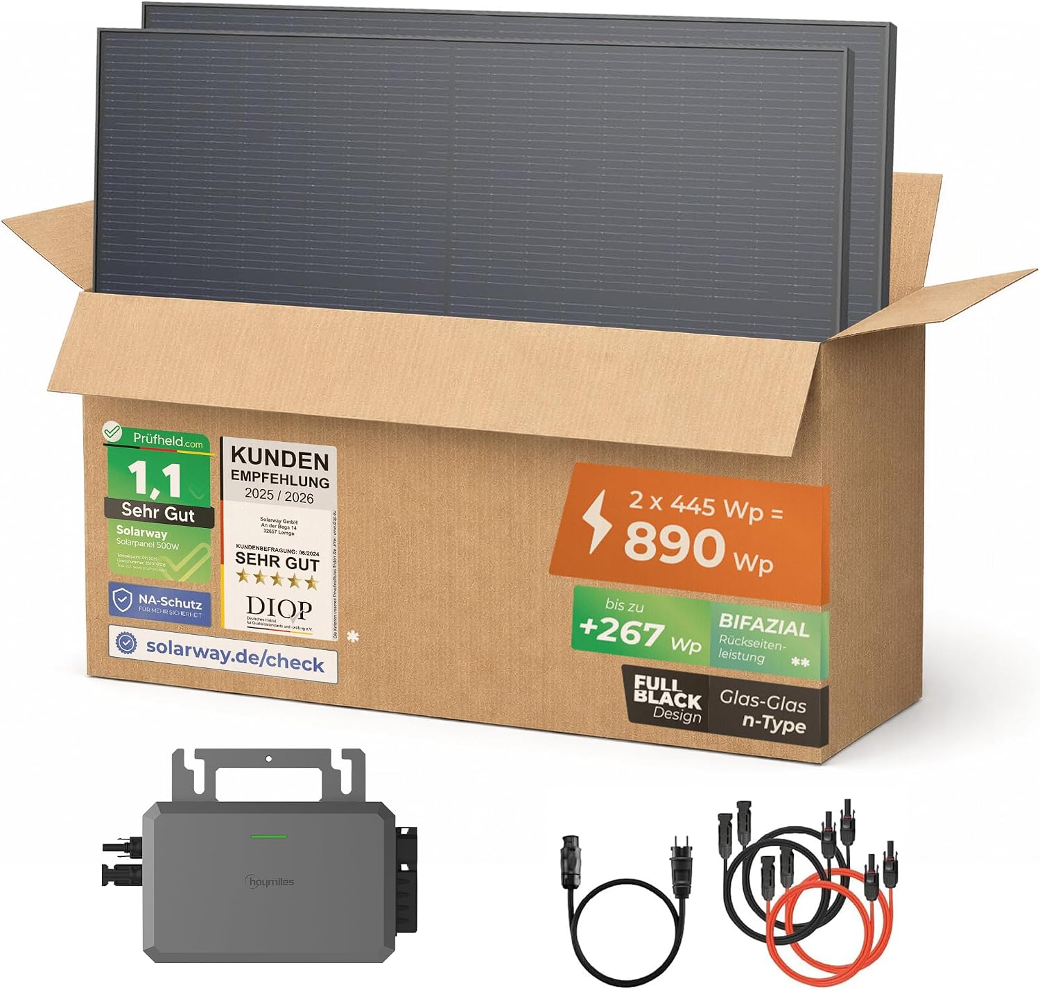 Solarway® Balkonkraftwerk 890W mit 890Wp Solarmodulen – Komplettset mit Hoymiles HMS-800W-2T Wechselrichter – 2× 445W bifaziale Black Solarpanels – Mini PV Anlage für Steckdose inkl. Zubehör