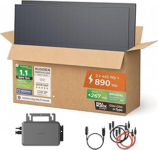 Solarway® Balkonkraftwerk 890W mit 890Wp Solarmodulen – Komplettset mit Hoymiles HMS-800W-2T Wechselrichter – 2× 445W bifaziale Black Solarpanels – Mini PV Anlage für Steckdose inkl. Zubehör