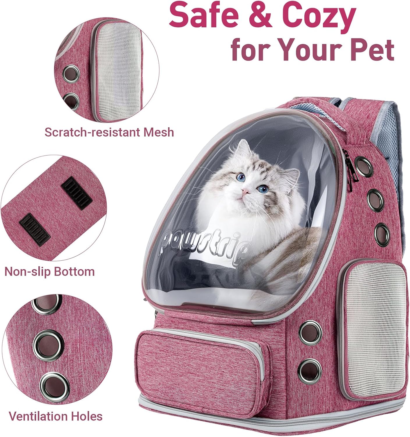 Pawstrip Cat Backpack Carrier with Large Space Bubble Window, Airline Approved Breathable Pet Carrier for Small Dogs Cats up to 15lbs, Foldable for Travel Hiking & Outdoor Use