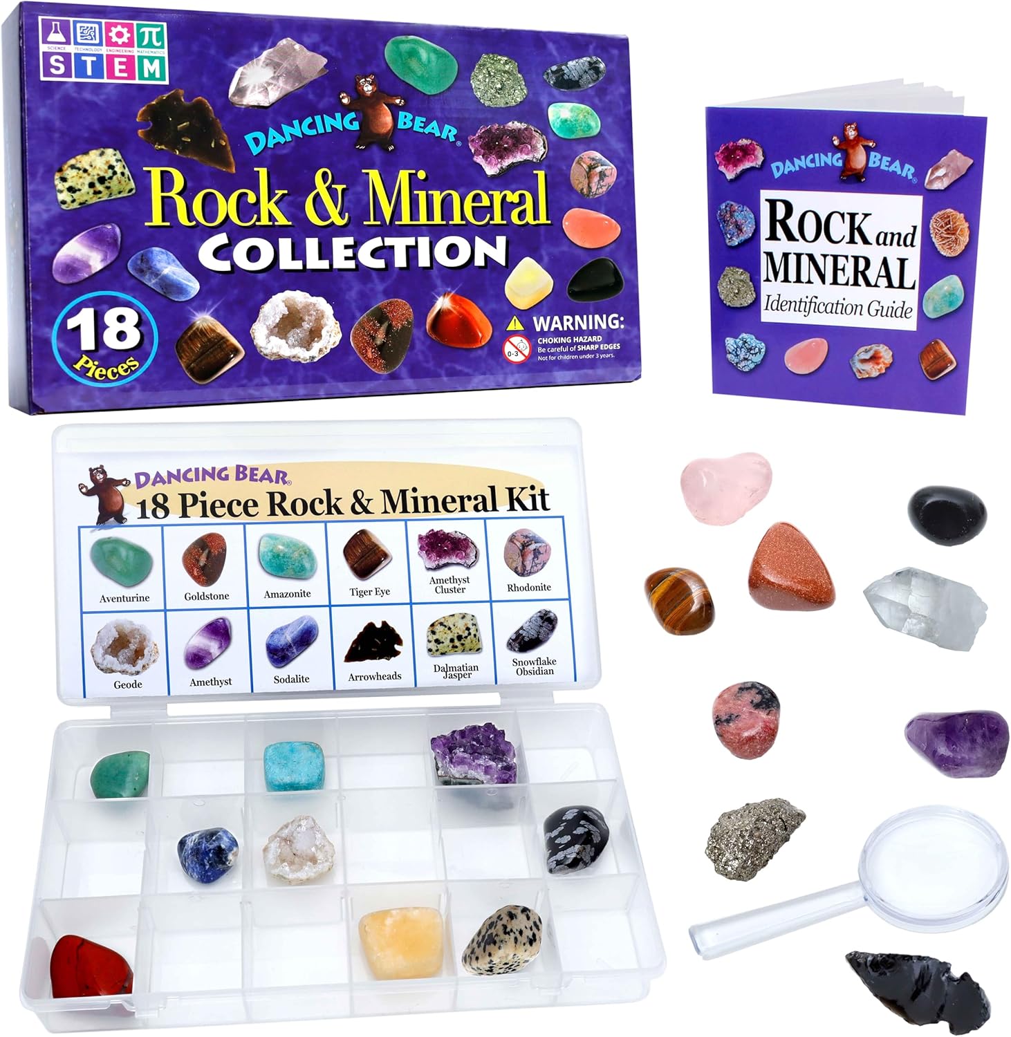 DANCING BEAR 18 Pc Rock and Mineral Educational Collection & Deluxe Collection Box with Description Sheet and Educational Information. Limited Edition, Geology Gem Kit for Kids with Display Case