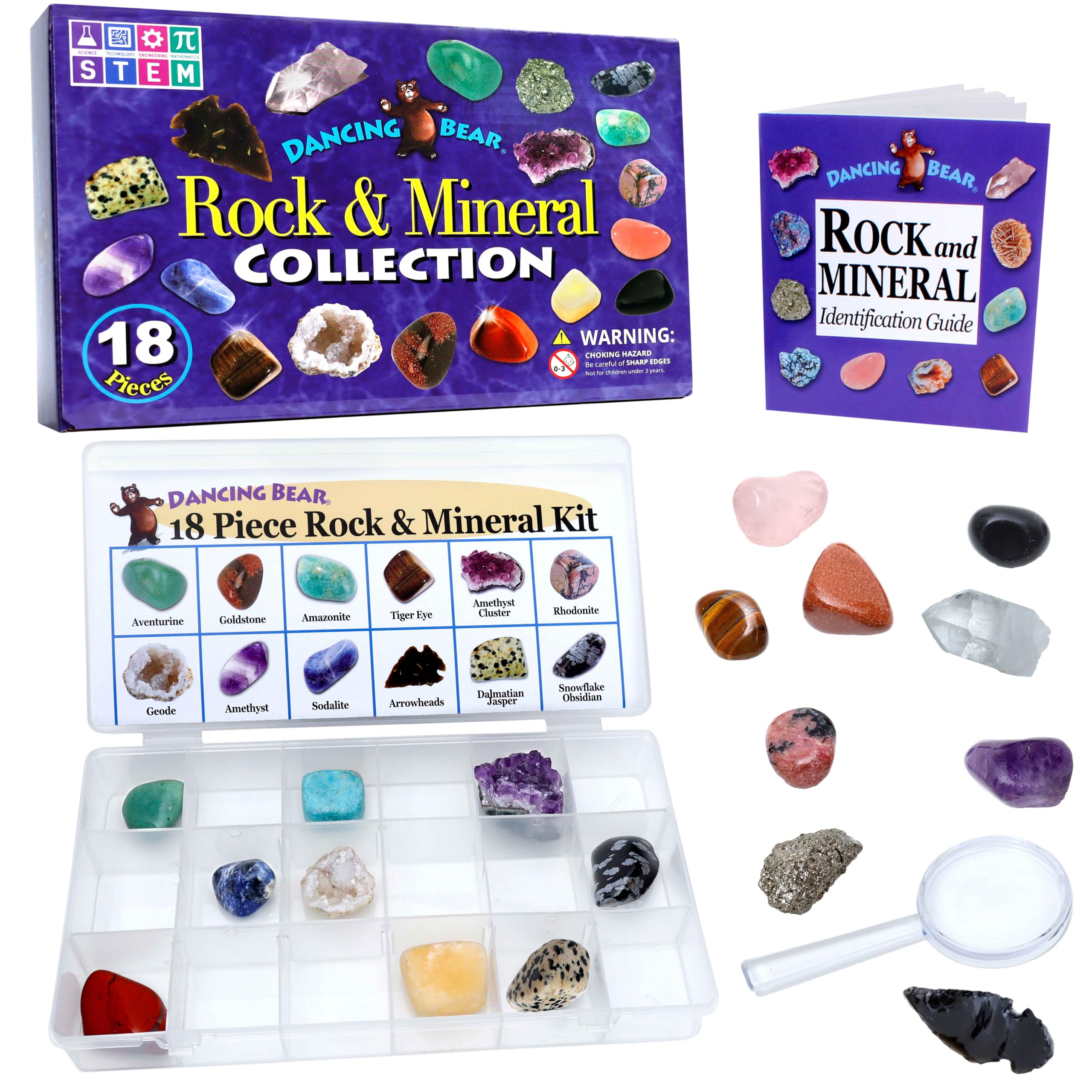 DANCING BEAR Rock and Mineral Educational Collection & Deluxe Collection Box -18 Pieces with Description Sheet and Educational Information. Limited Edition, Geology Gem Kit for Kids with Display Case