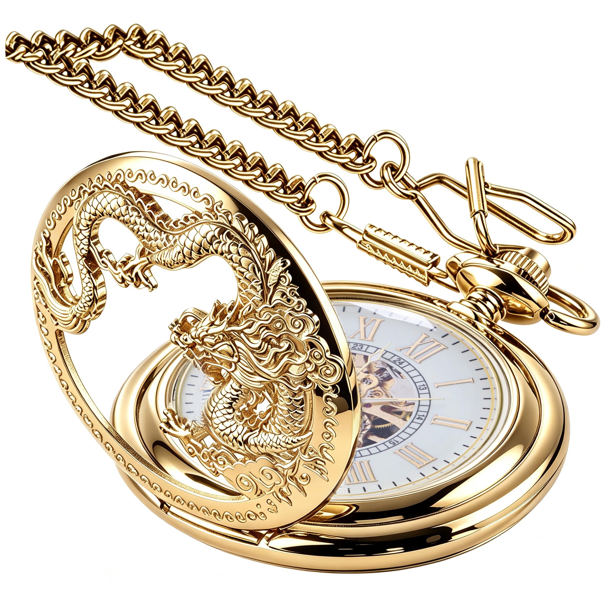 Men's Mechanical Hollow Dragon Design Hand Wind Pocket Watch Roman Numerals Steampunk with Chain Box
