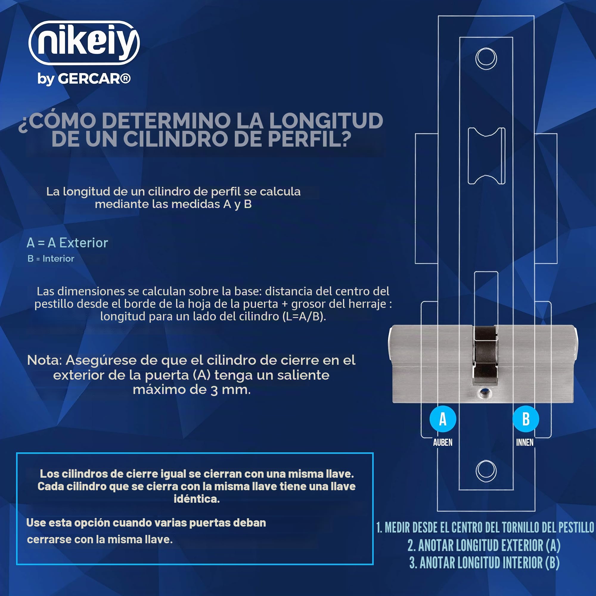 GERCAR Pro Juego de 4 cerraduras cilíndricas de latón niquelado mate 35/35 - 4x cilindro de cerradura/ cerradura de barril 70 mm para puerta - con 10 llaves - Longitud: 70 mm, A: 35 B: 35