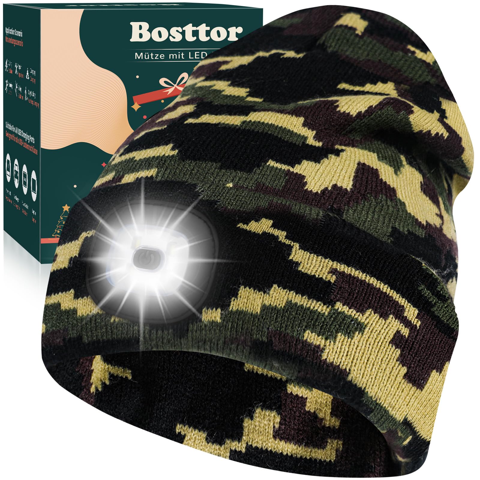 Bosttor LED Beanie Hat with Light, Rechargeable Headlamp Cap, Unisex Winter Warm Knitted Hats, Headlight Flashlight for Running Hiking Camping,Tech