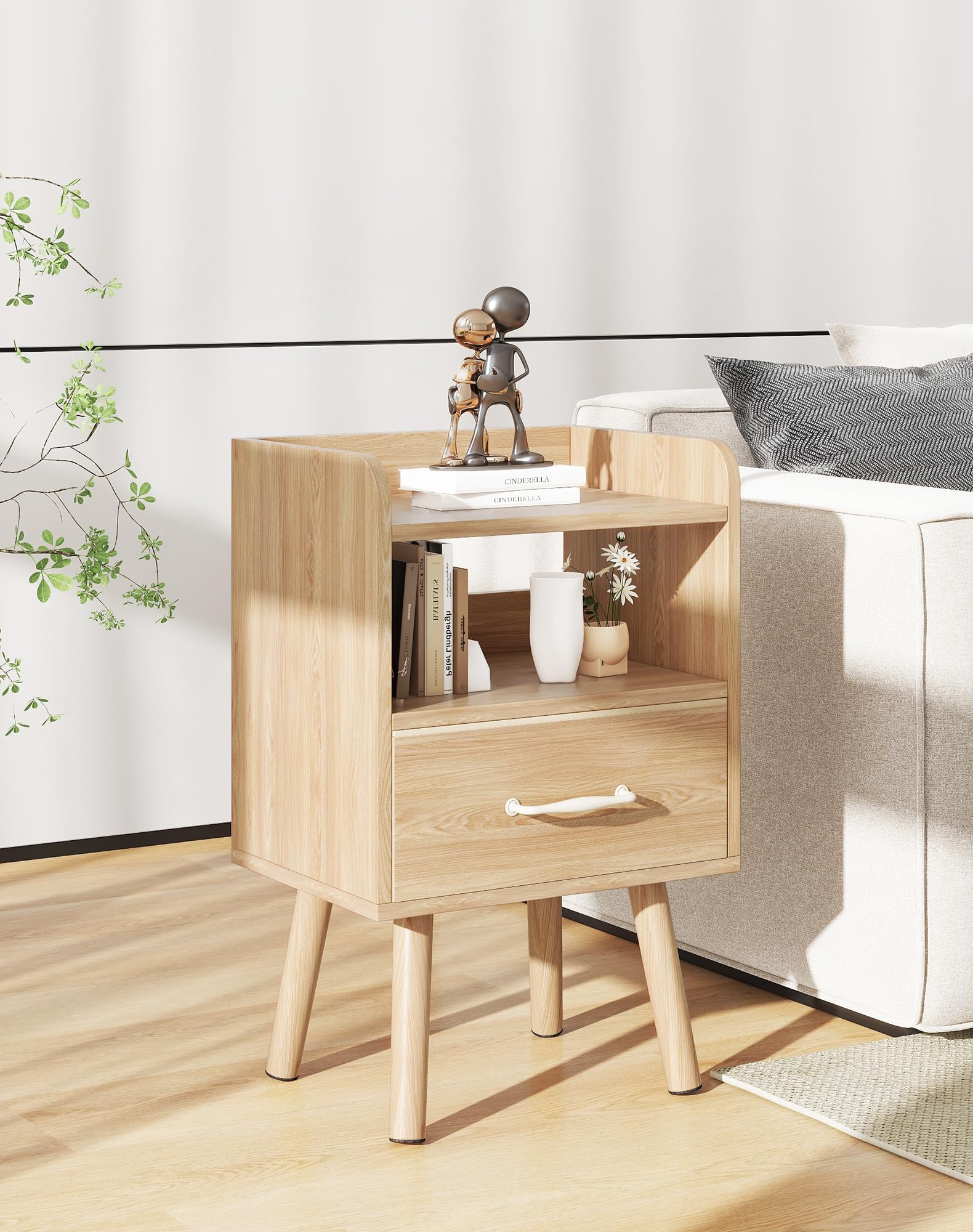 YMYNY Set de 2 Mesitas de Noche, Mesa Auxiliar de Sofá, Mesa de Madera, Cajón con Tela Removible, Ripiano Abierto, 39x29x62 cm, para Dormitorio, Salón, Natural HST021N-2