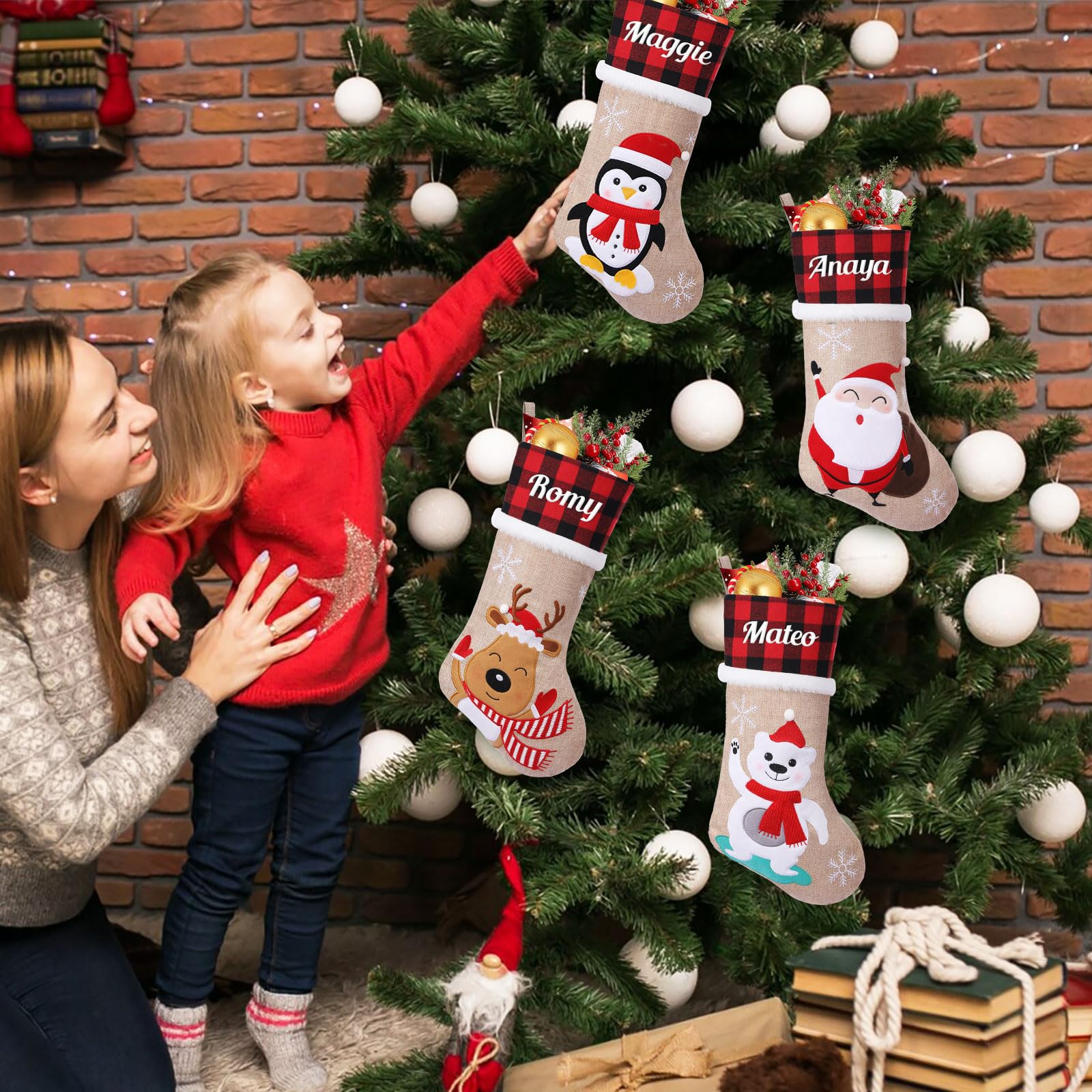 SearchI 5er Personalisierte Weihnachtsstrümpfe Nikolausstrumpf Christmas Stockings,Personalisierter Weihnachtsstrumpf zum Aufhängen&Befüllen Kamin Hängende Ornamente Geschenkhalter für Weihnachtsbaum