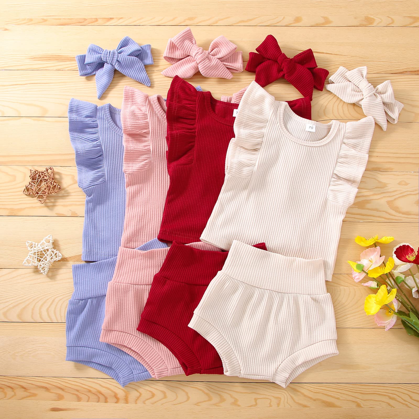 Ynibbim Summer Newborn Baby Girl Solid Clothes Set Lovely Infants Ribbed Outfits Cotton Ruffle Tops+Shorts+Headband (Wine Red,18-24 Months)