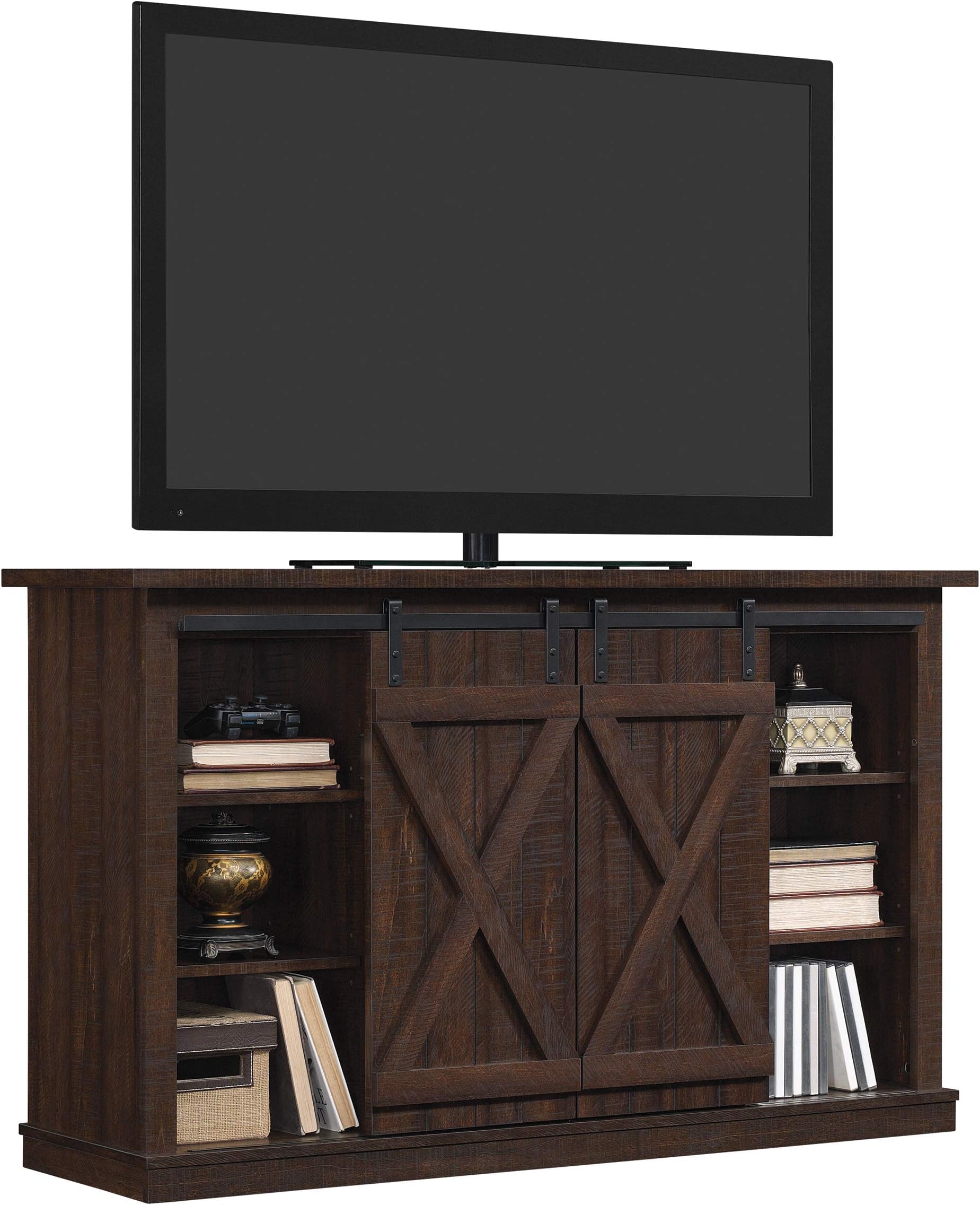 Twin Star Home Sliding Barn Door TV Stand, Sawcut Espresso