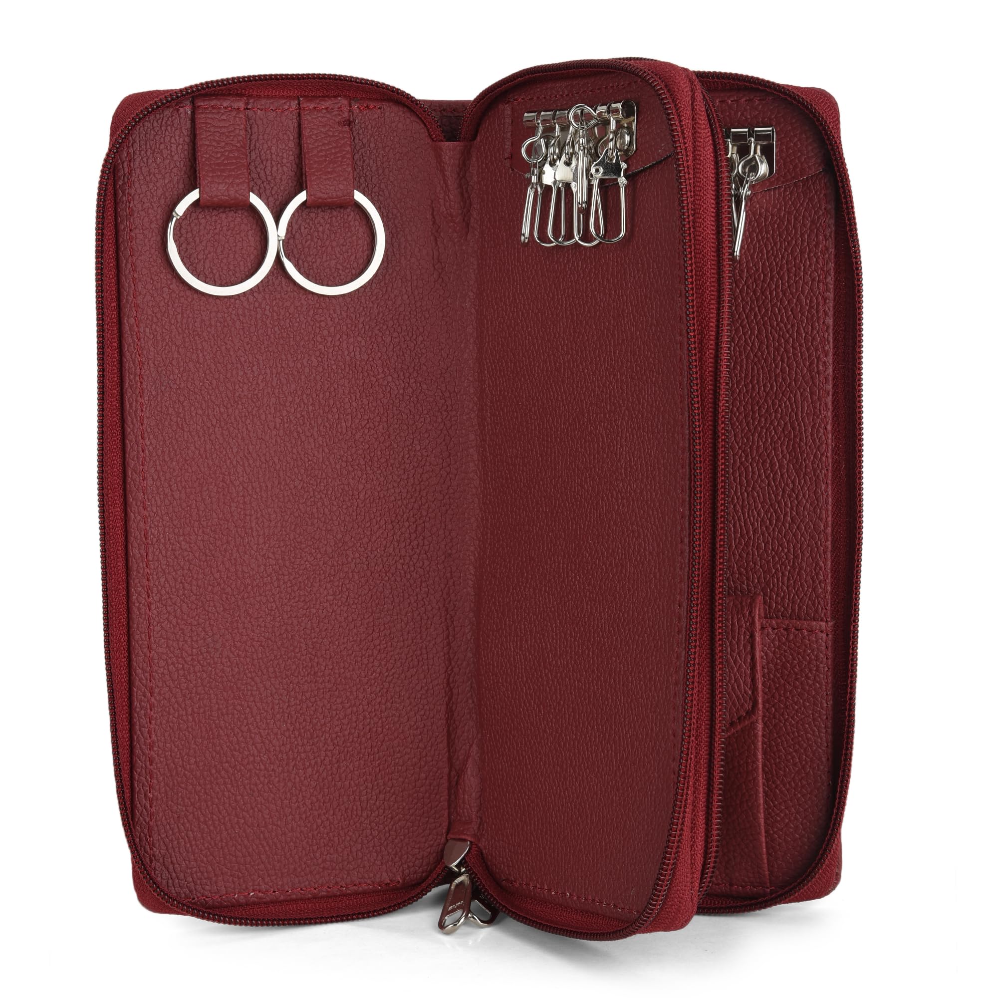 Double Pocket PU/Leather Key Case (22.50 x 8.50 x 2.50 cm) - Pouch for Bank Keys With Zipper Closure (Maroon)