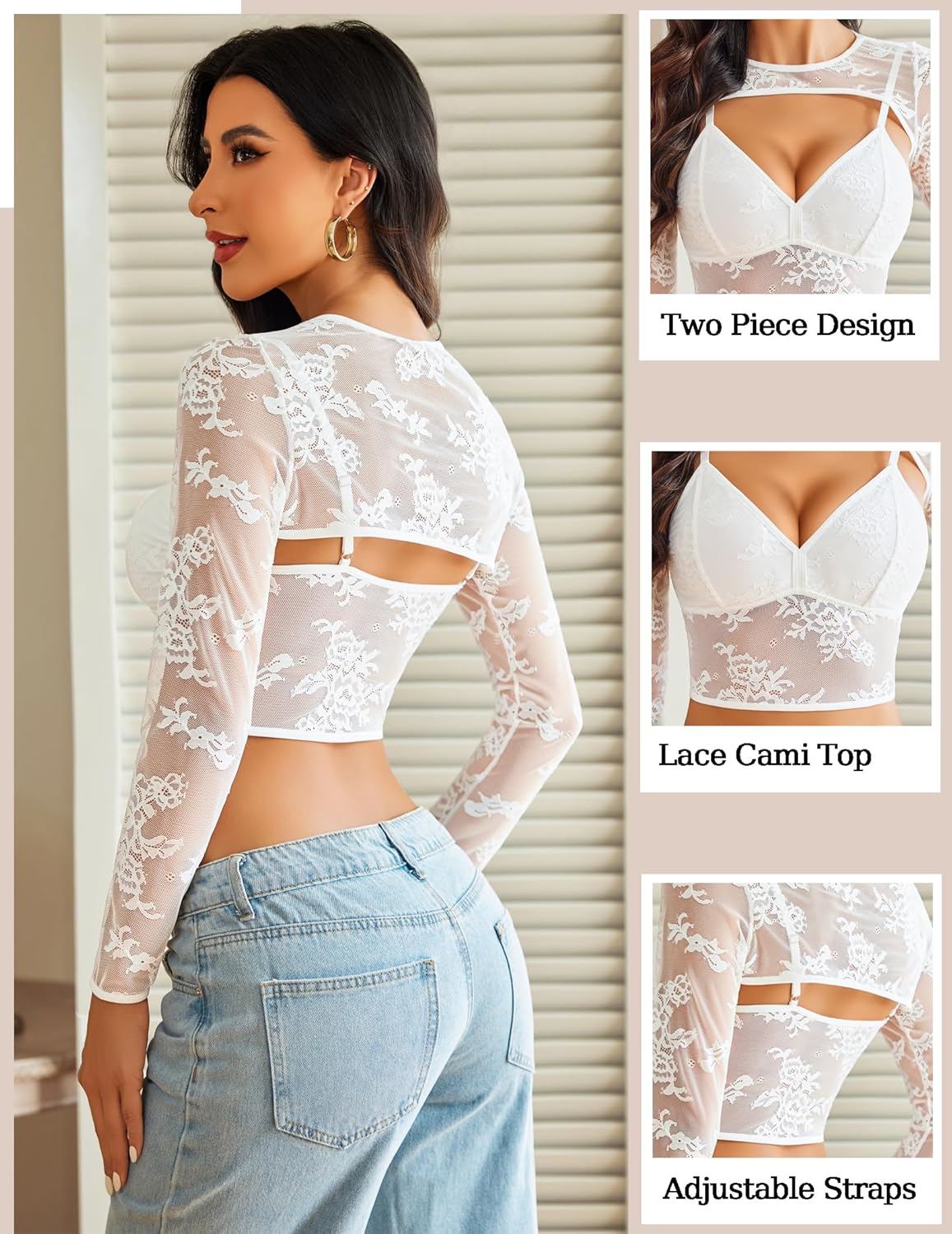 Avidlove Lace Cami Top with Shrug Long Sleeve Going Out Crop Tops Mesh See Through Camisole 2 Piece Clubwear - Image 3