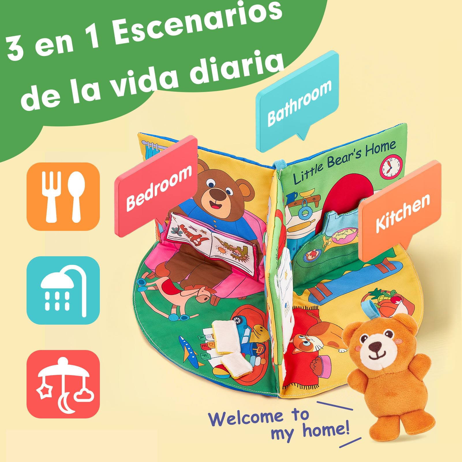 hahaland Libro Bebe Interactivo Juguetes Bebes 0 3 6 Meses, 3 en 1 Libro de Tela Blandos para Bebe Recien Nacido, Libro Sensorial Suave de Actividades - Tummy Time Regalos Bebes 1 Años