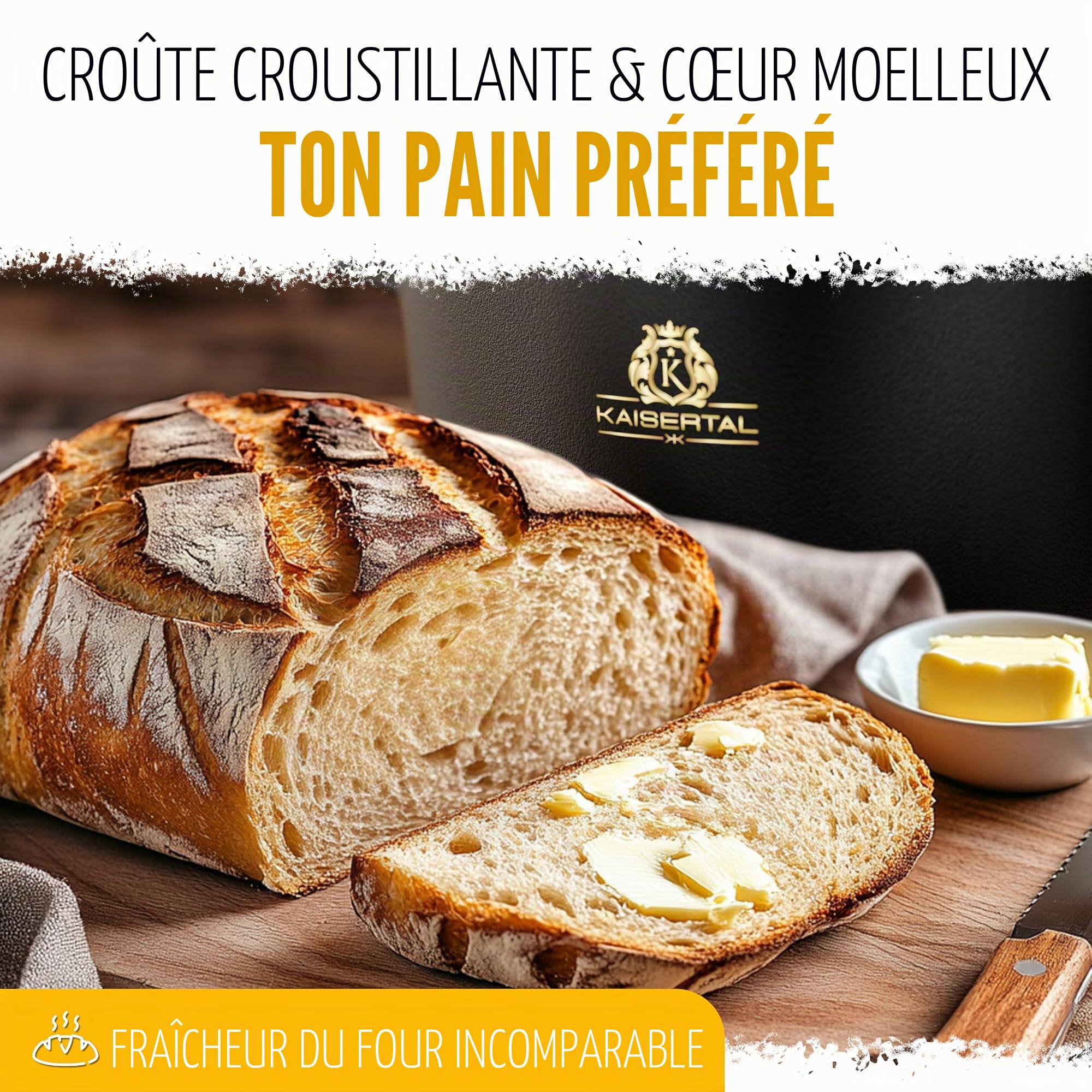 KAISERTAL Casserole en fonte de 26 cm avec panier de fermentation – Moule à pain en fonte – Pot à pain avec couvercle – Casserole en fonte comme accessoire de cuisson du pain, casserole à pain