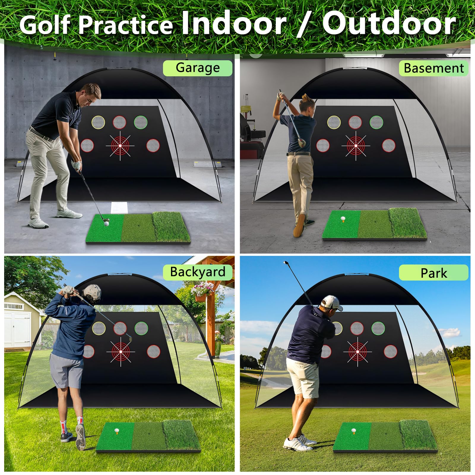 TTCB Sports Red de práctica de golf al aire libre, red de golpeo de golf de 10 x 7 pies para interiores con alfombrilla y corrector de swing para conducir en el patio trasero, astillado, accesorios de