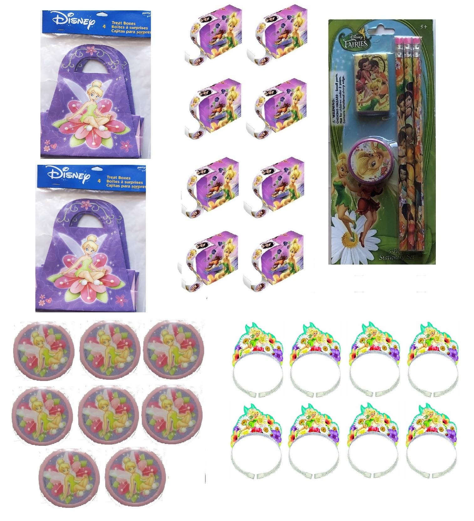 Unique Tinkerbell Fairies Birthday Party Supplies Favor Bundle Pack includes 8 Treat Boxes, 8 Sticker Boxes, 8 Party Tiaras, 8 Mirrors, 5 Piece