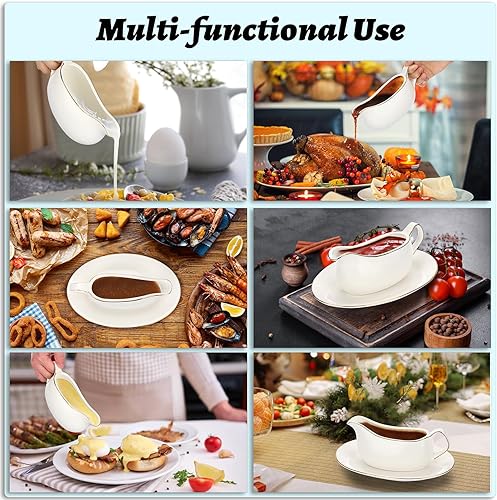 Miniatura 7 de Bote de salsa de cerámica blanca de 17 onzas con bandeja, jarra de platillo de porcelana con decoración de borde dorado para Acción de Gracias,