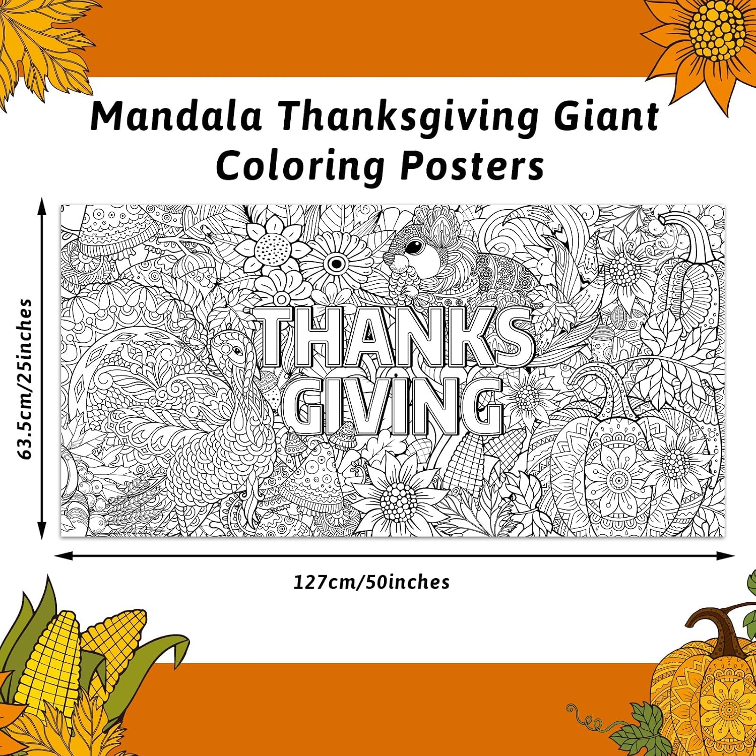 ZOIIWA Giant Thanksgiving Coloring Posters Thanksgiving Mandala Coloring Posters for Kids Adult Fall Coloring Tablecloth Autumn Harvest Coloring Poster for Home Wall Decor Activities Games Crafts