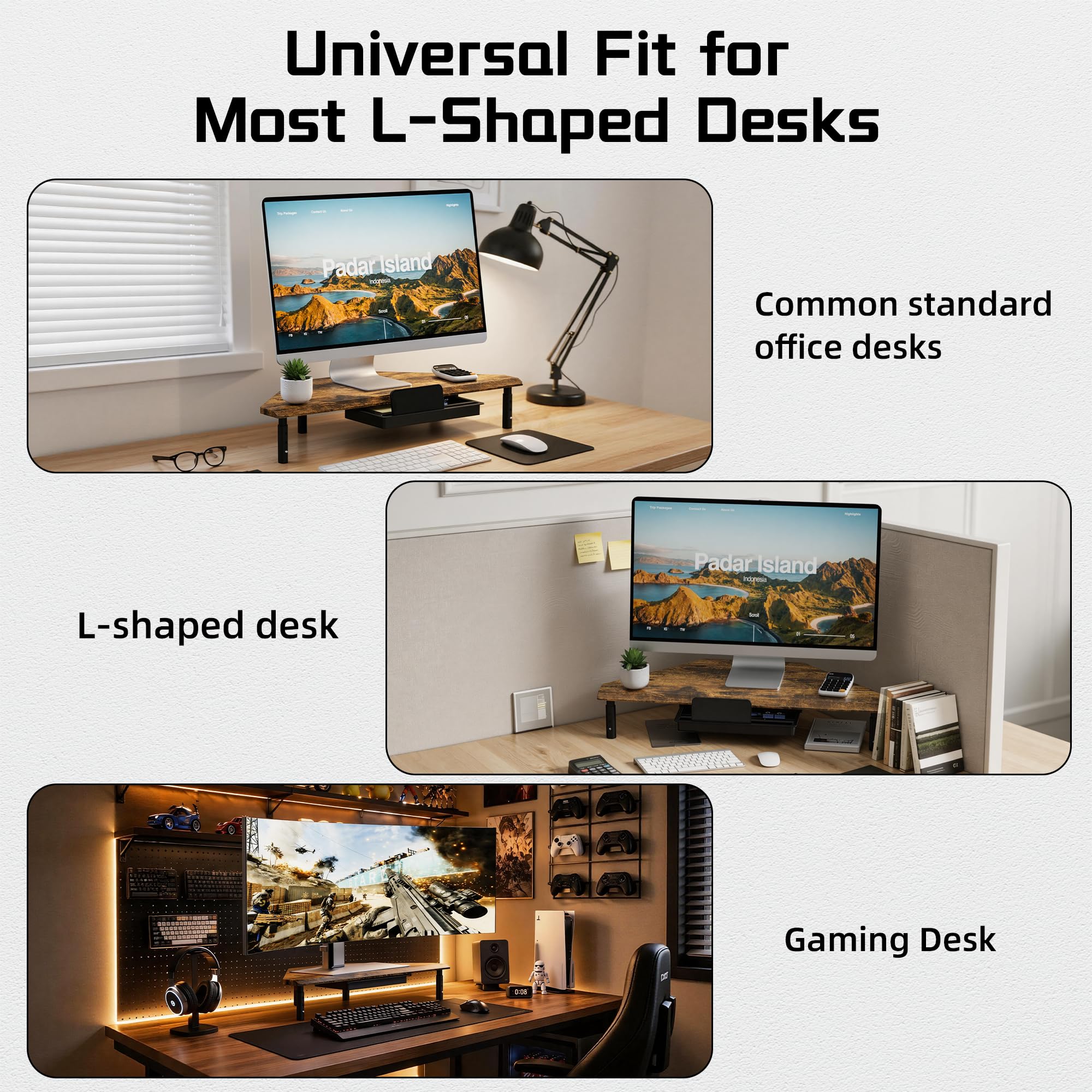 ETHU Supporto triangolare per monitor con cassetto, regolabile in altezza, per PC/laptop, supporto ergonomico per computer desktop, supporta 20 kg, noce