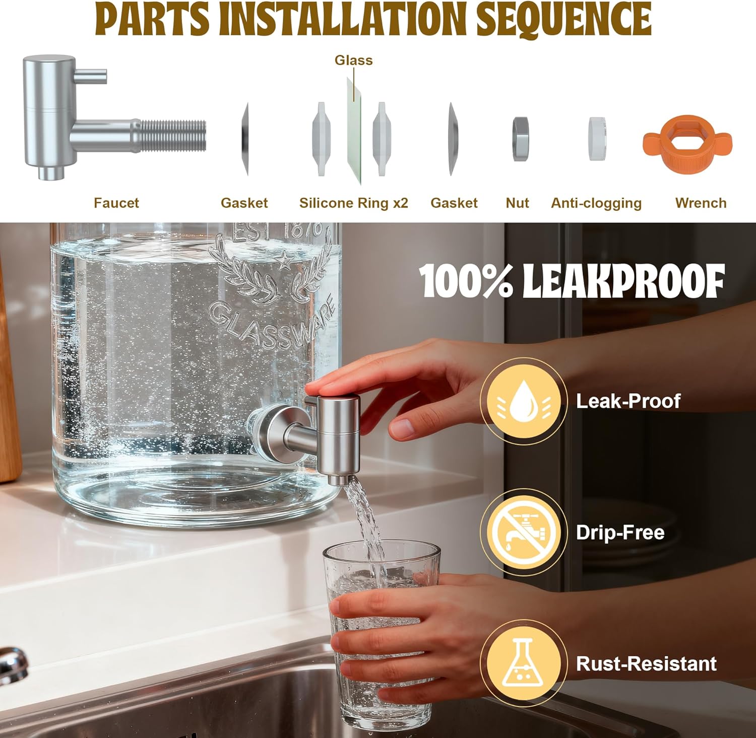 2PCS 1.5 Gallon Drink Dispenser - Glass Beverage Dispenser With Wood Stand and Leakproof Stainless Steel Spigot, Large Drink Dispenser for Parties, Lemonade, Iced Tea, Laundry Detergent Container - Image 7