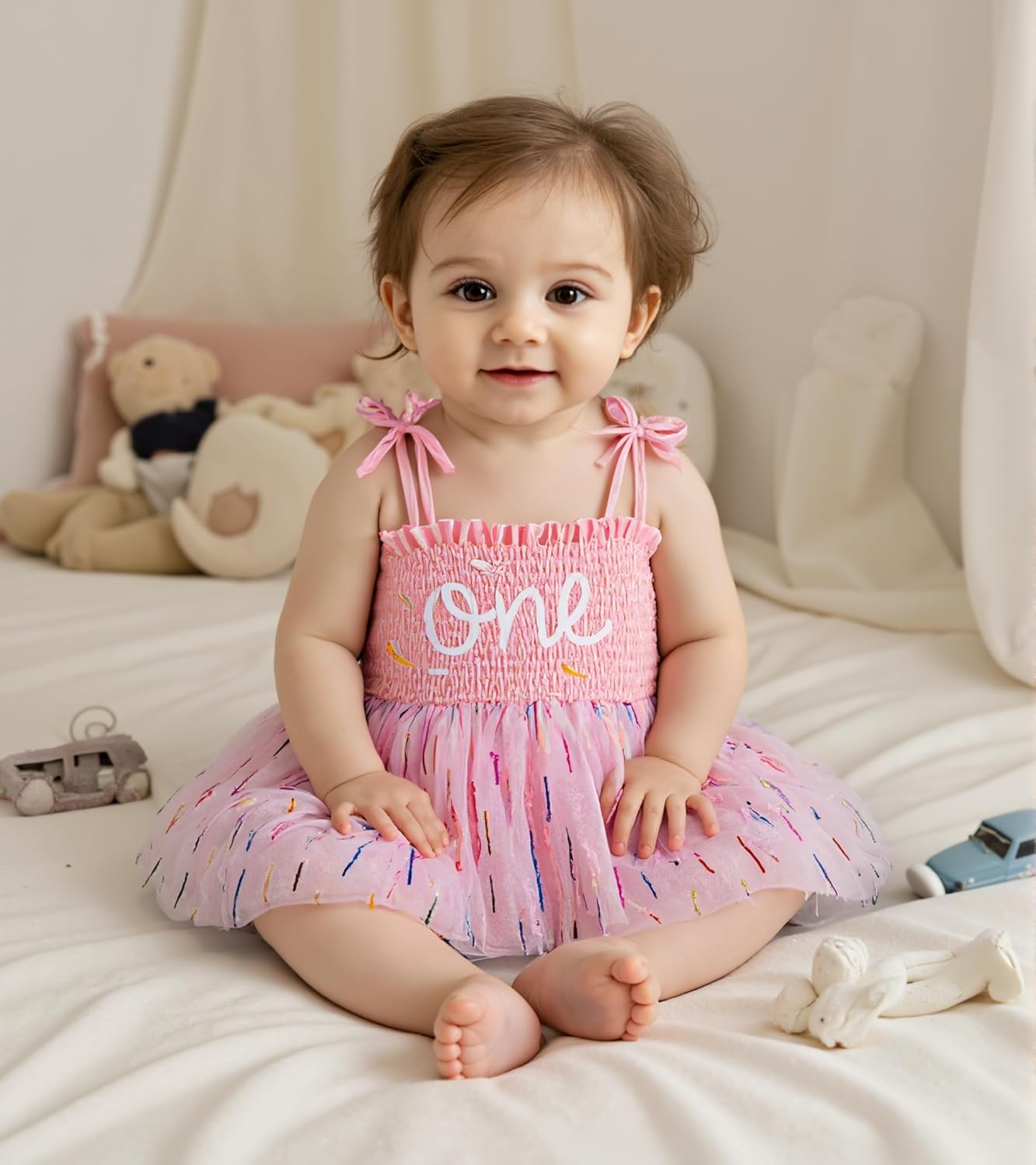 Baby Girl First Birthday Outfit Summer Sleeveless Smocked Fairy Berry One Romper Tulle Dress + Headband - Image 5