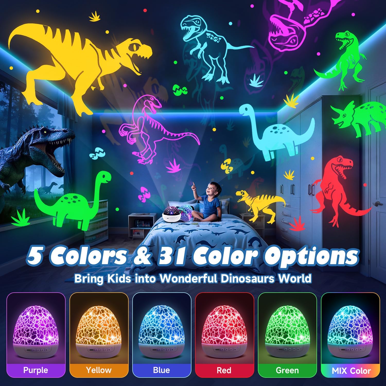 PIKOY Dinosaur Toys for Kids 3-5 Easter Gifts for Kids Toys Night Light Projector Dinosaur Eggs Easter Eggs Night Light for Kids | 15 Sounds & 3D Films | 31Colors & Remote Control | Easter Toys