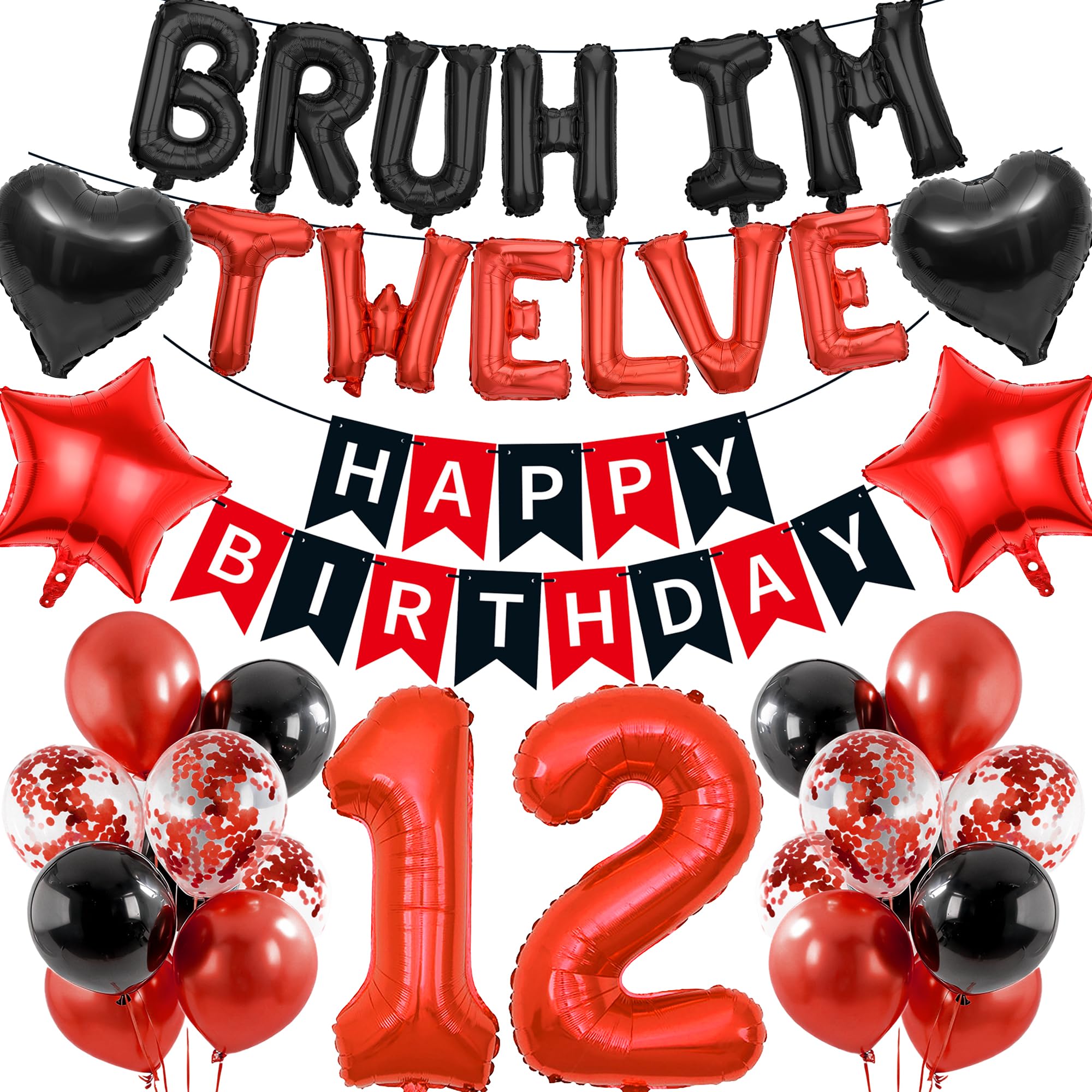 12th Birthday Decorations Banners Boy - 37 Pcs Black and Red Happy Birthday Banner BRUH I'M TWELVE Star Heart Number 12 Foil Balloons Decoration Sequin Balloons for 12 Years Old Boys Party Decor