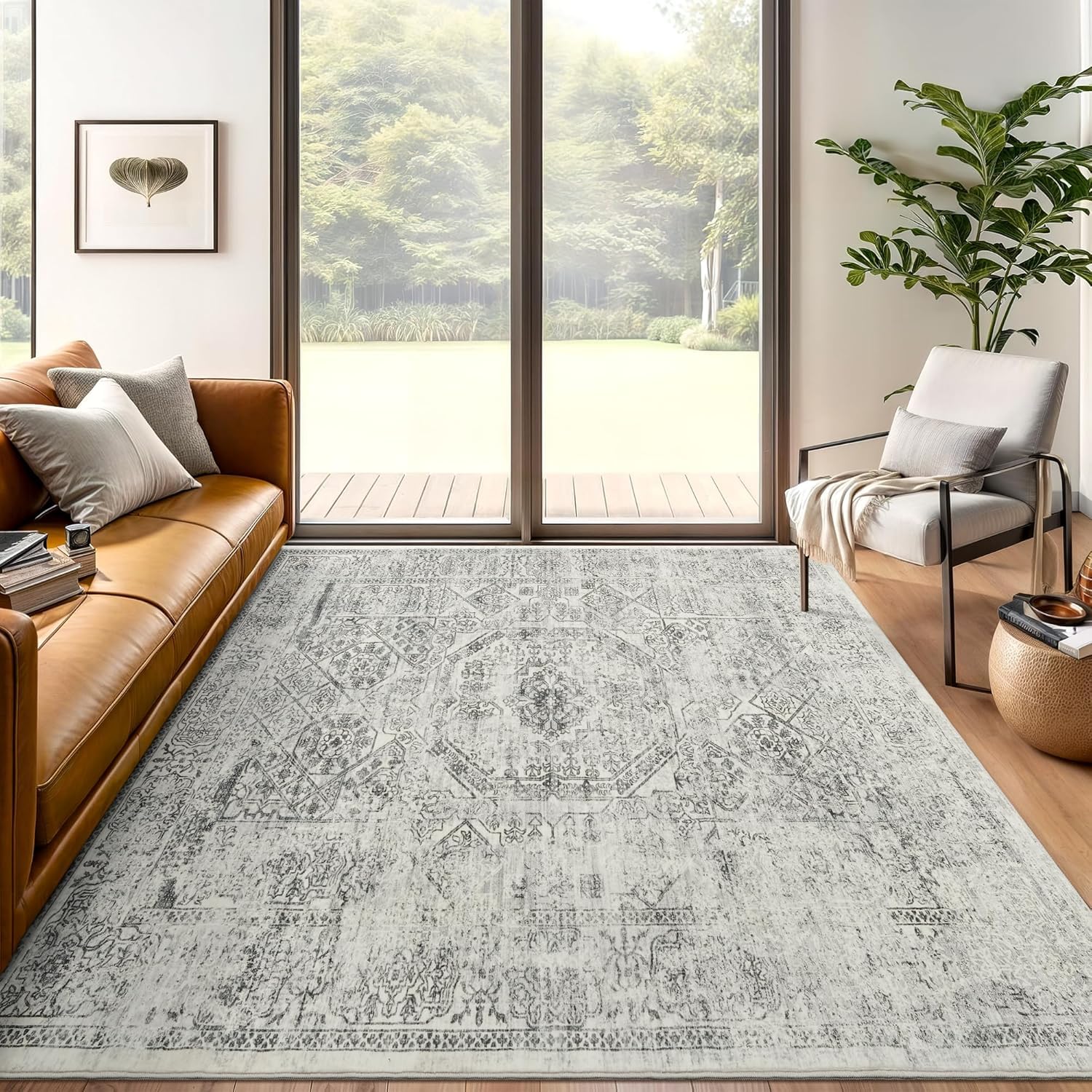Grand tapis de salon gris et blanc 200x280 cm lavable pour chambre moderne