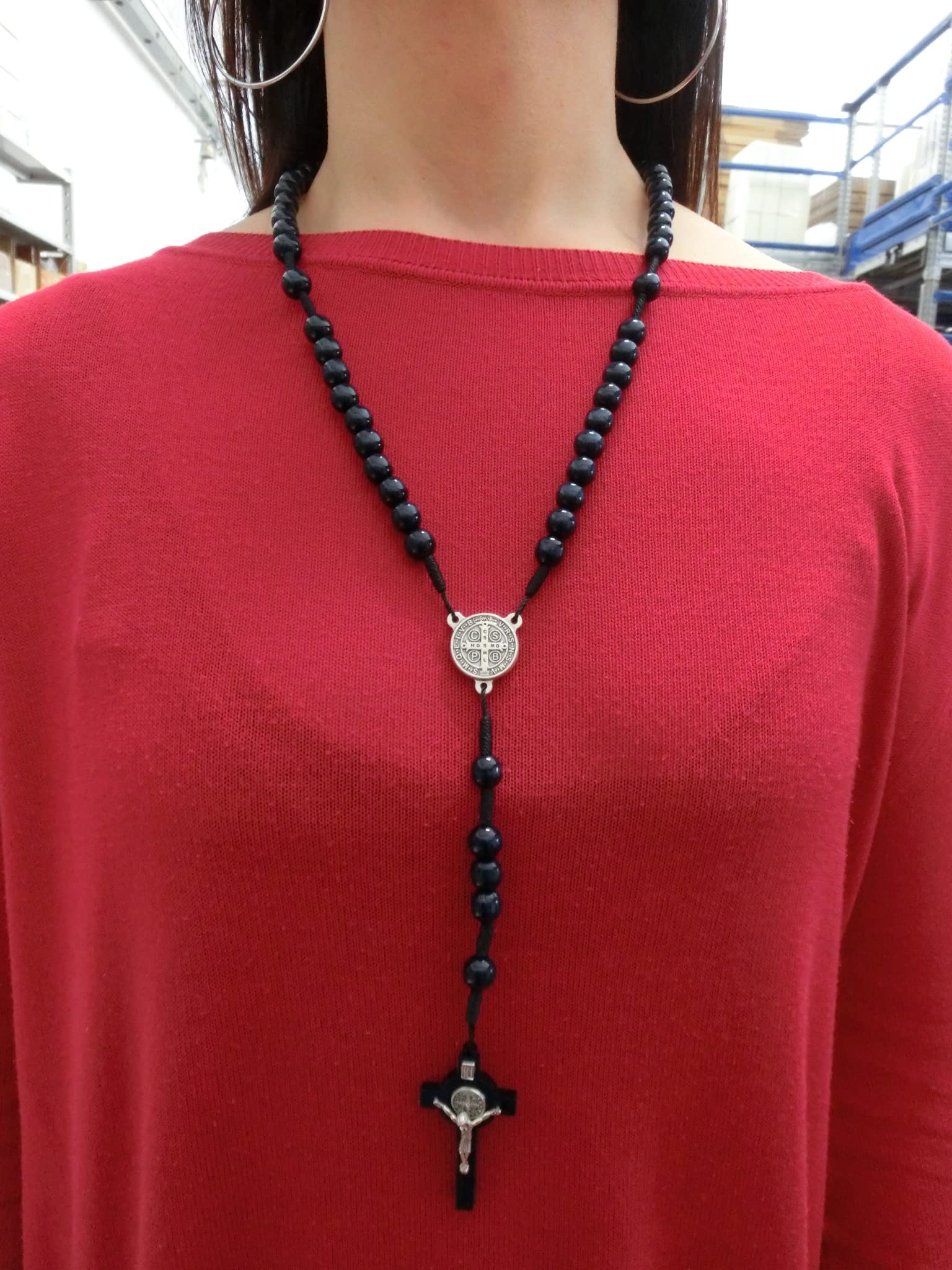 GTBITALY Blu Rosario di san benedetto in Legno 50 GRANI + 9 grani da Collo con medaglia crocera argento esorcista