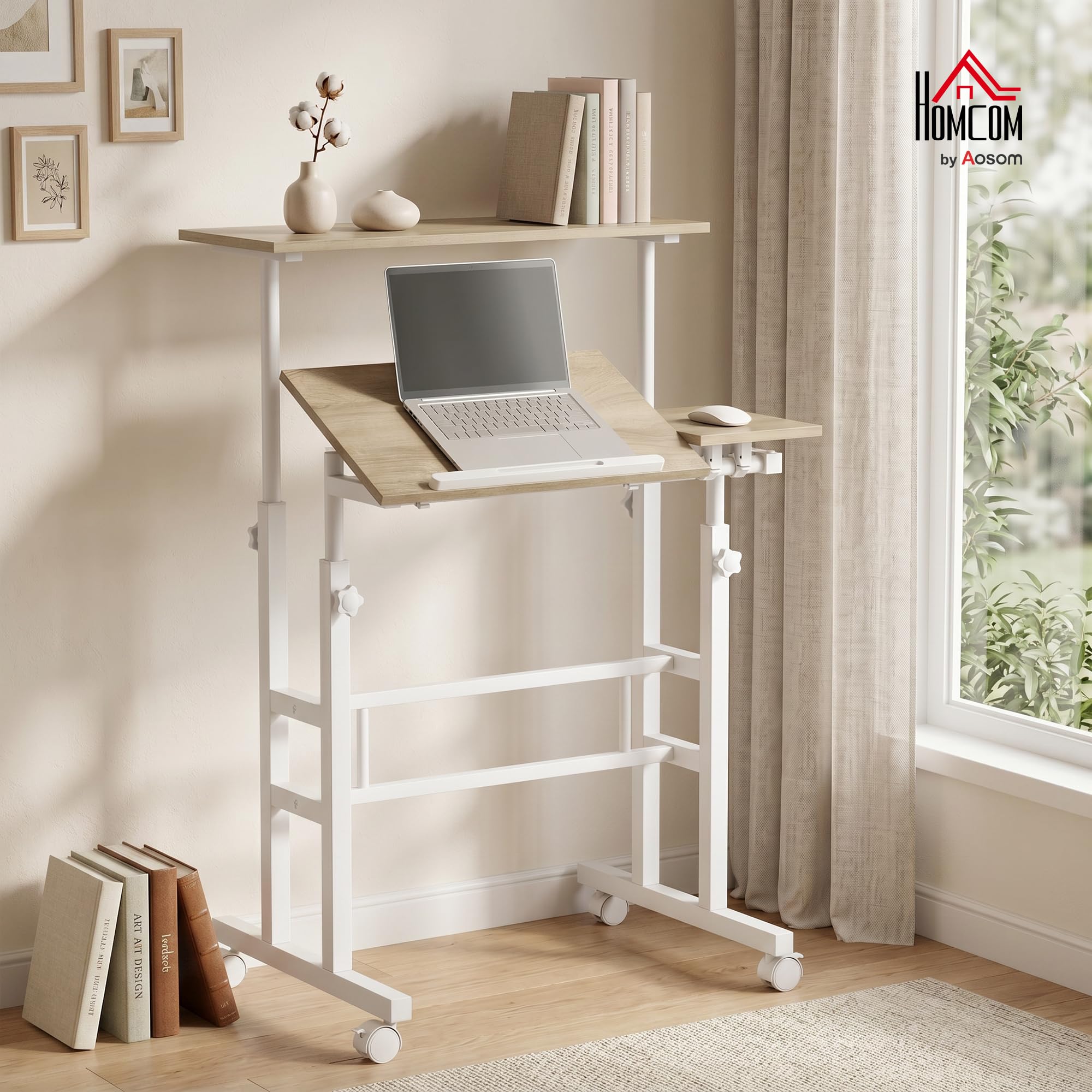 HOMCOM Scrivania sit-stand regolabile in altezza 70x60cm Bianco | Scrivania per computer su ruote, vassoio inclinabile, postazione di lavoro per camera da letto, piccoli spazi
