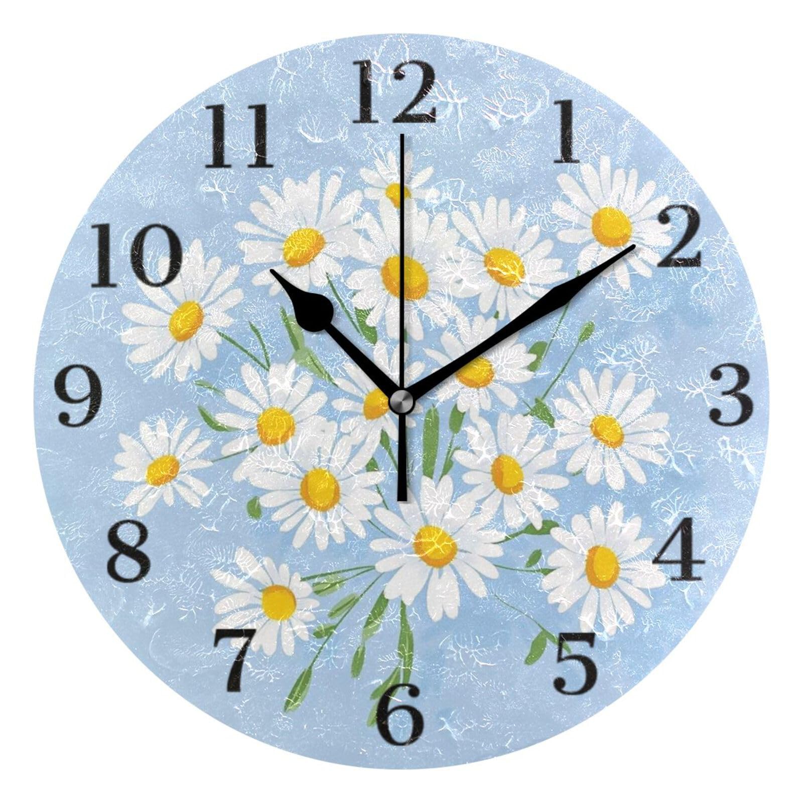 Ensound Daisies Blue Wall Clock Silent Non-Ticking Battery Operated Clocks 12 Inch for Kitchen Home Living Room