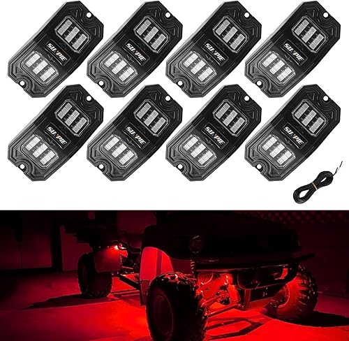 SUNPIE Gran angular 8 cápsulas de luces LED rojas para todoterreno, camión, automóvil, ATV, UTV, SUV, motocicleta, debajo del cuerpo, lámpara de luz