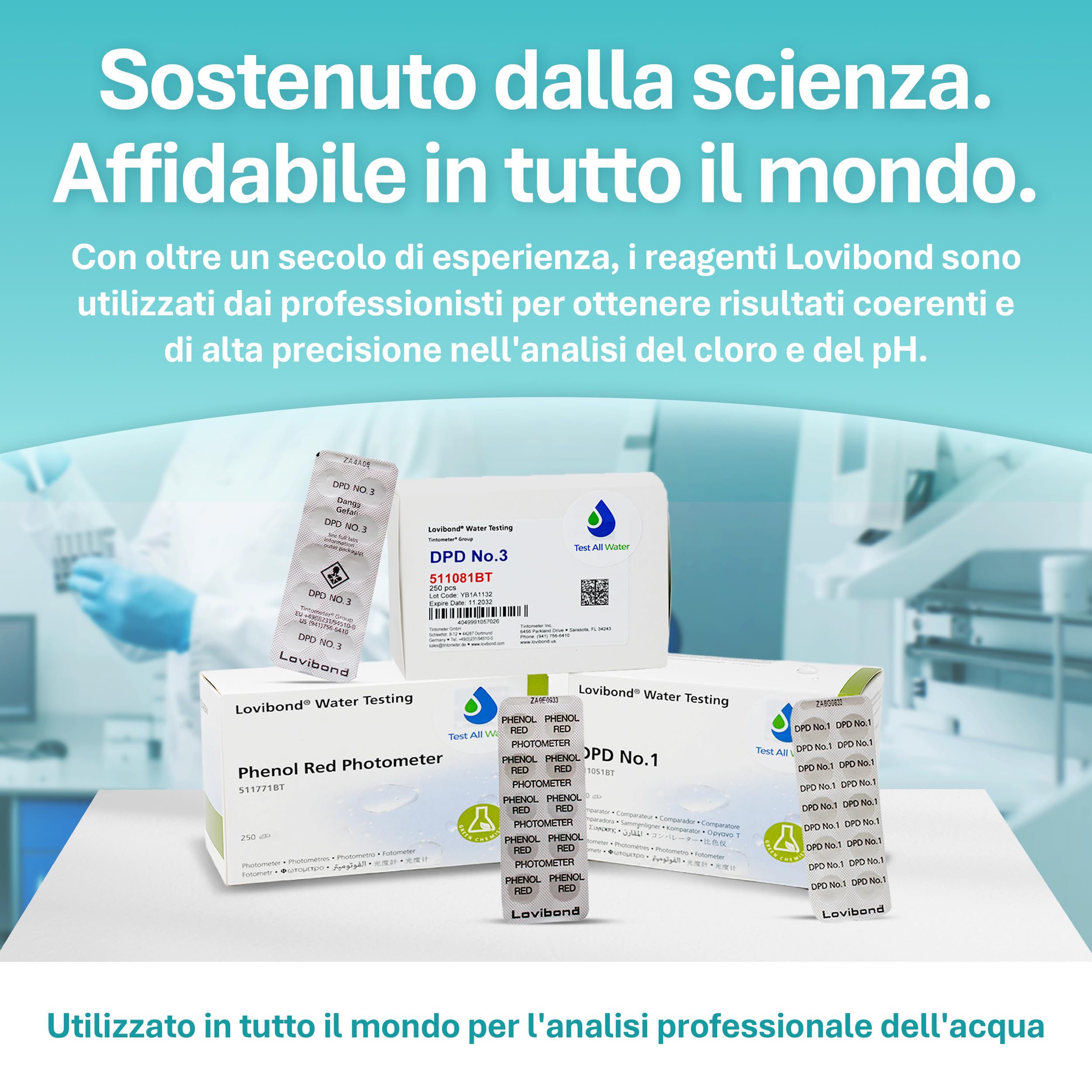 Lovibond Reagenti per test di qualità dell'acqua – DPD No.1, DPD No.3 e compresse rosso fenolo | 3 confezioni da 250 | Test cloro e pH per piscine, vasche idromassaggio, acquari, stagni, spa e altro |