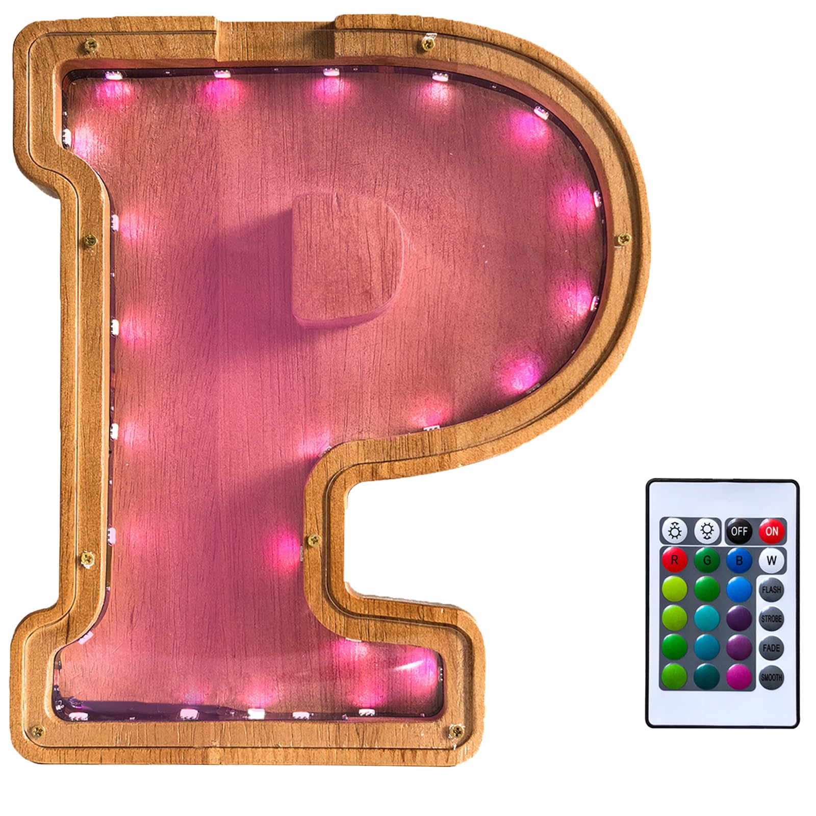 Wooden Letter Piggy Bank for Kids,9inch Kids Money Bank with LED Lights, Alphabet Coin Jar(A-Z), Birthday Gift for Kids, Toys for Boys and Girls(P)