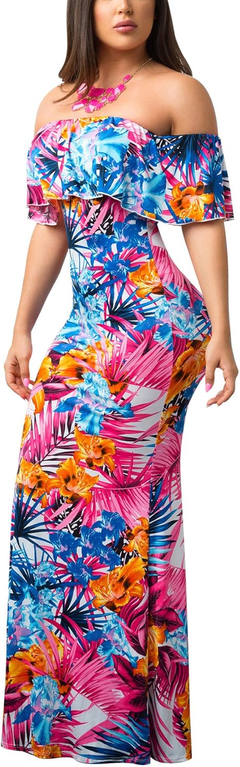 Suimiki Vintage Ruffle Plain Floral Printed Off Shoulder Bodycon Long Party Maxi Dress Multicolor Small - Image 3