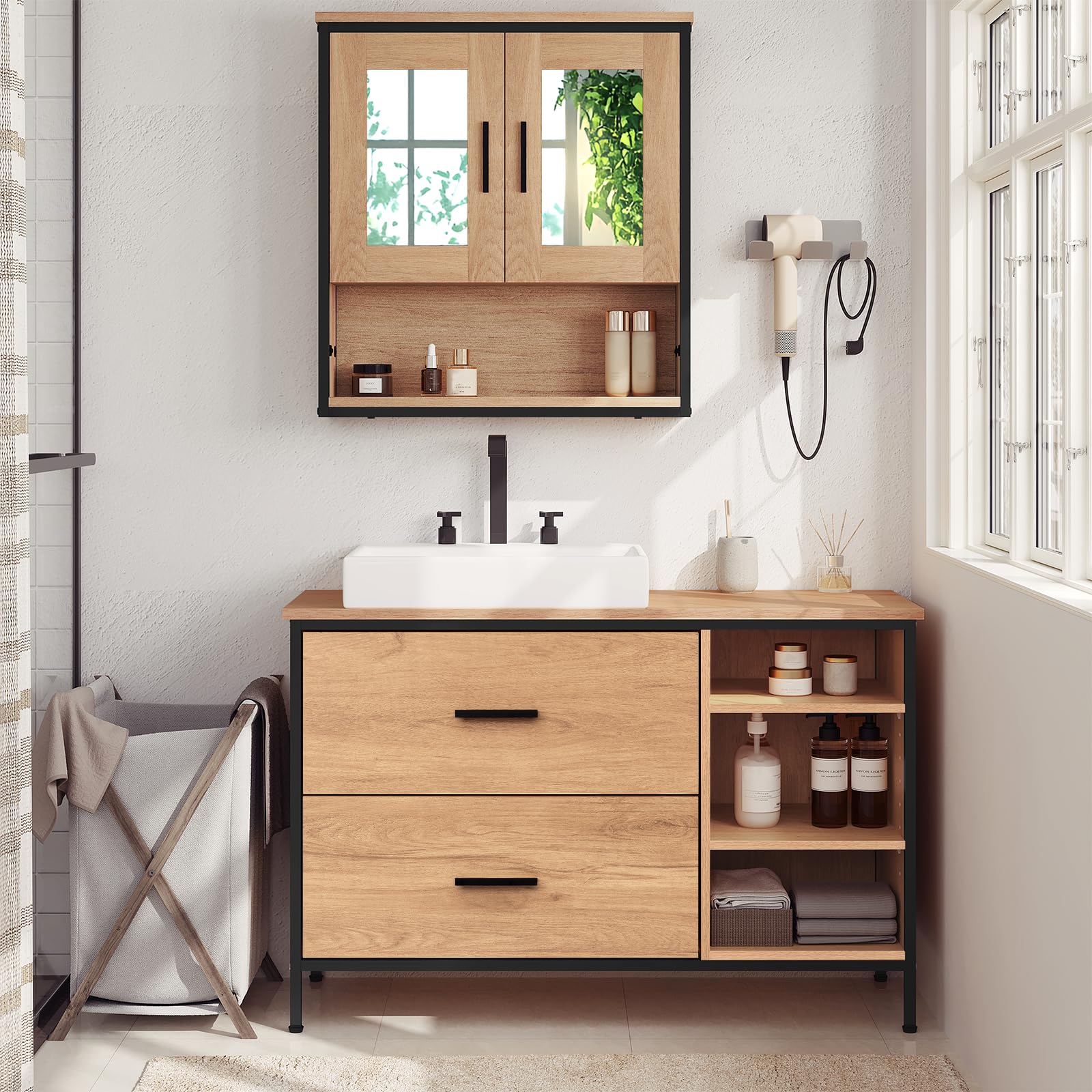 EUGAD Waschbeckenunterschrank, Badezimmerschrank mit Schubladen 3 offenen Fächern, Unterschrank mit verstellbaren Ablagen, freistehender Waschtischunterschrank, 90x60x30 cm