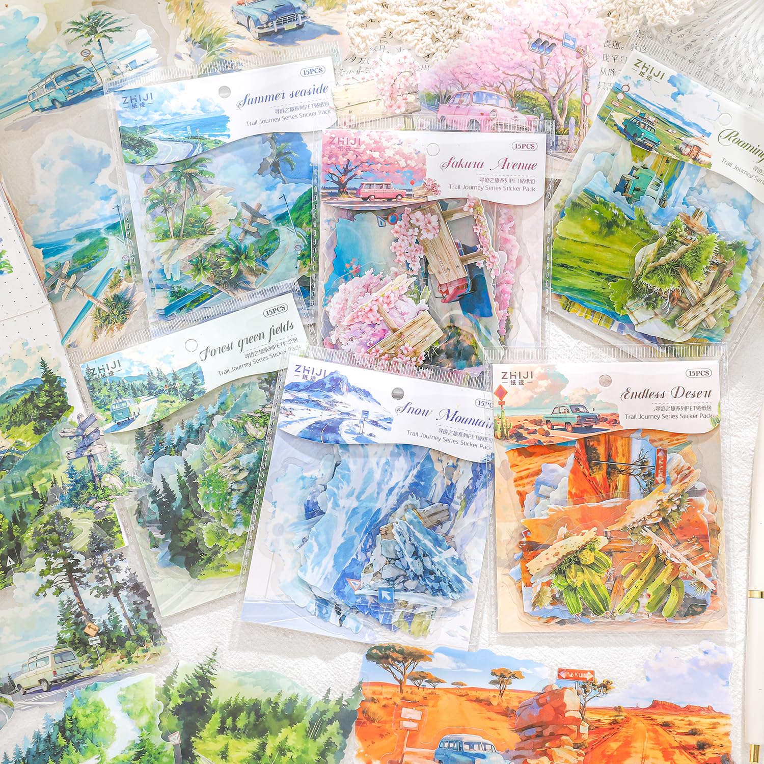 Alideco 90pcs Scrapbook Stickers Vintage Mountain Forest Road View Scrapbooking Junk Journal Crafts Embelishment Decoration Stickers (xunjizhilv)