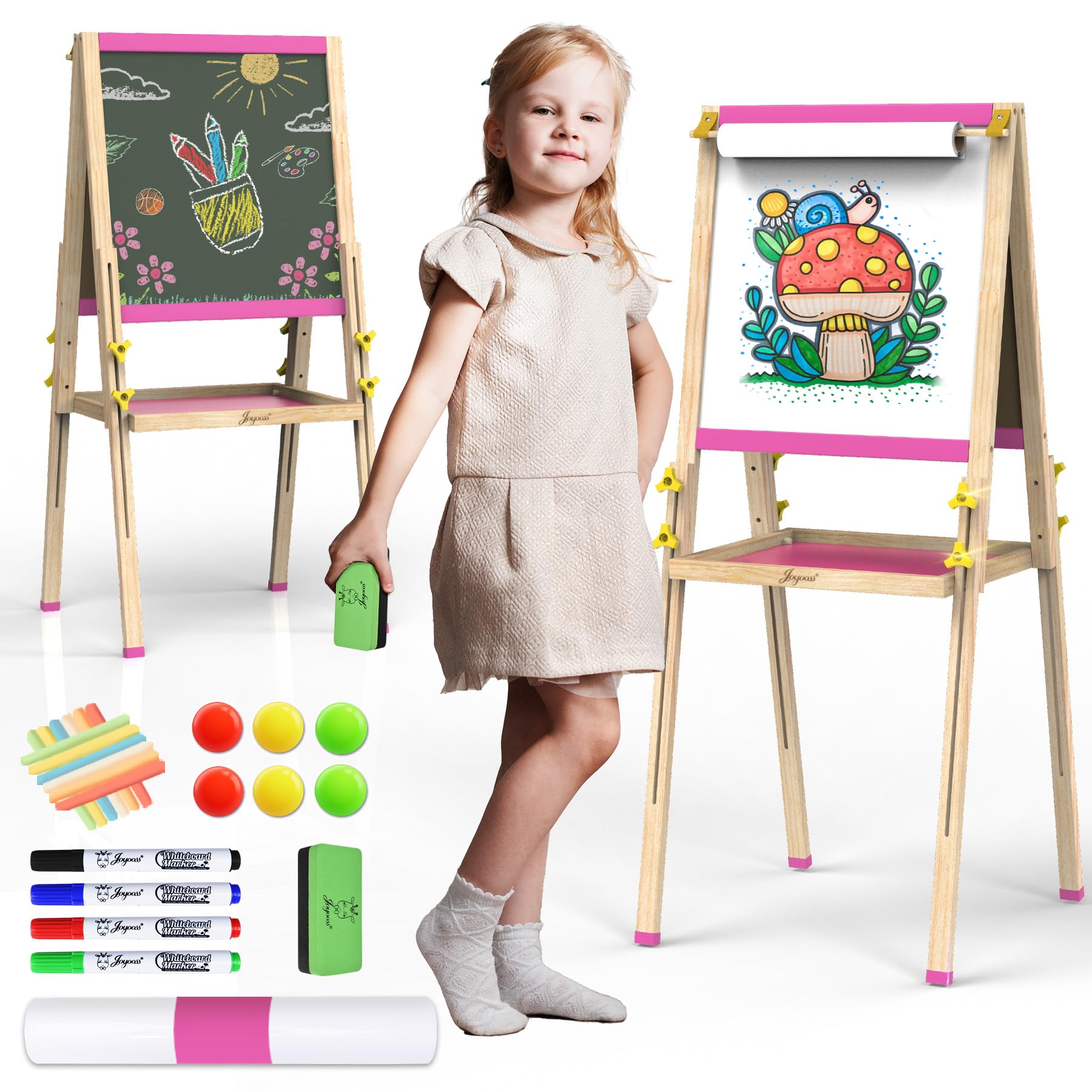 Joyooss Kunststaffelei für Kinder, verstellbares stehendes Holz-Zeichenbrett für Kleinkinder, doppelseitig, trocken abwischbar, mit Malzubehör, Geschenk und Kunstbedarf für Kleinkinder 4-8 (PINK)