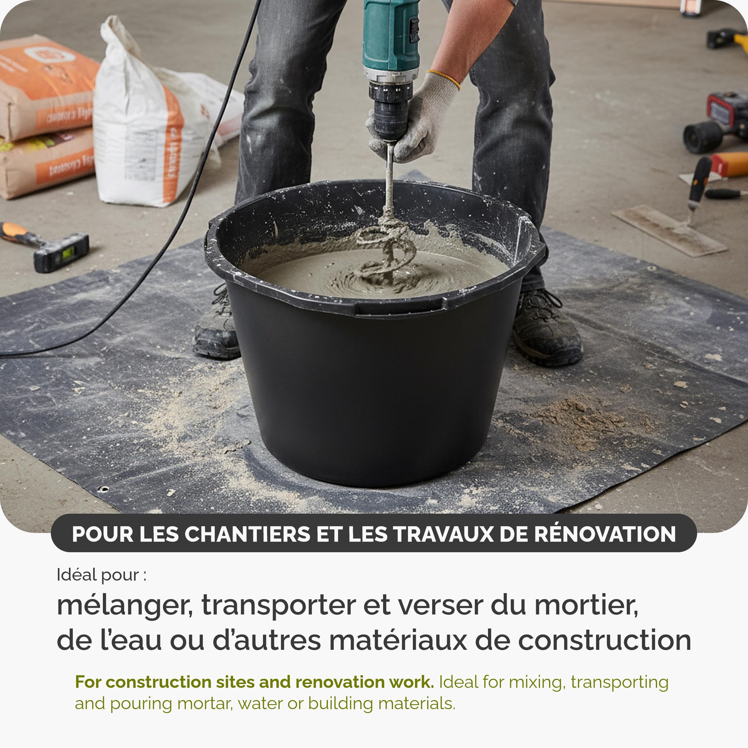 Garronda Lot de 1 Grande Bassine Plastique 45L Seau à Mortier Rond GD-0170 | Cuve de Chantier, Fond Rigide, Poignées Intégrées, Graduée, Bac Plastique Renforcé pour Eau Construction Jardin Maison, Noir