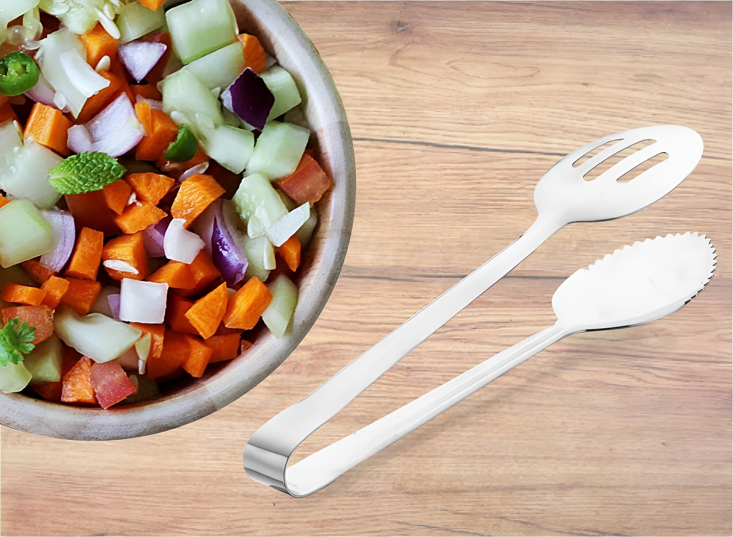 Simplyhut Stainless Steel Salad Serving Tong, Dual Design Multipurpose Serving Tool for Kitchen, Stainless Steel Durable Super Gloss Finish Chimta for Food Cooking, Roasting, Serving at Restaurant 1