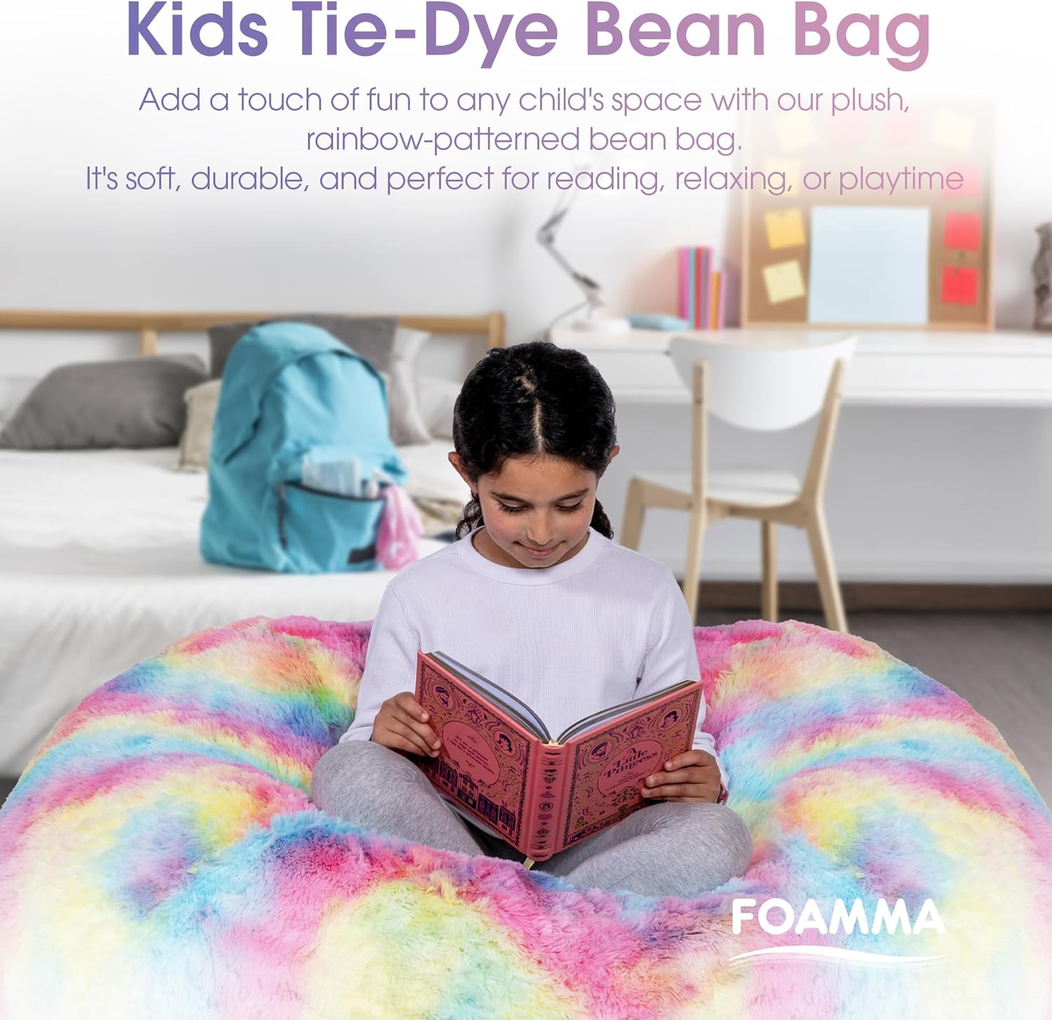 Foamma Bean Bag Chair for Kids, Tie Dye - 3ft Comfy Chair for Kids & Toddler with Washable Cover and Faux Fur Cover, Tie Dye Rainbow Design, Ideal for Reading Activities - Round Shape