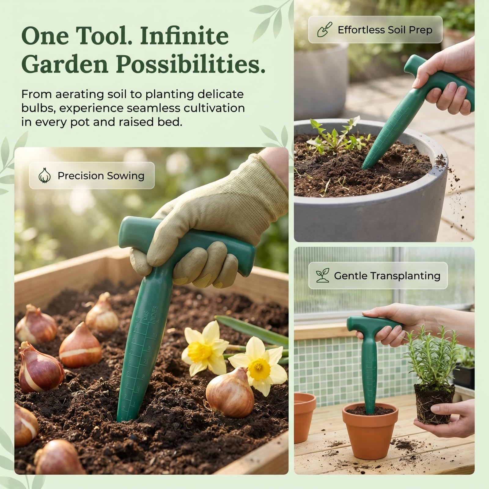 Plantoir à Bulbes avec Poignée en T Ergonomique, Plantoir Jardinage Manuel avec Mesure de Profondeur, Outil de Jardinage pour Bulbes, Semis, Fleurs & Légumes, Outil à Bulbes