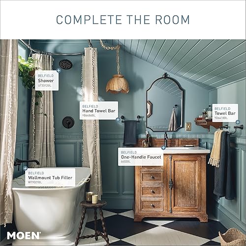 Miniatura 4 de Moen Belfield 6402BL - Grifo de lavabo de baño con una manija color negro mate con montaje de drenaje y placa opcional, 6402BL