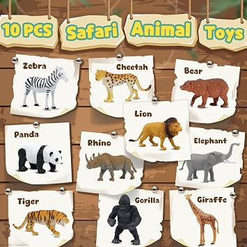Safari Animal Figurines Set for Kids, 10 Piece Realistic Wild Zoo Animals Collection with Elephant, Lion, Tiger, Giraffe, Educational Toys for Toddlers Boys Girls