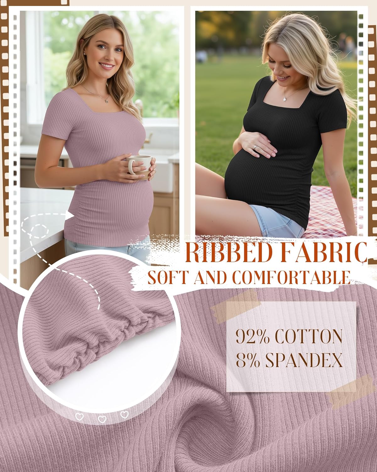 Huukeay 4 Pack Women's Maternity Shirts Cotton Ribbed Short Sleeve Square Neck Pregnancy Tops Side Ruched Summer Tee - Image 5