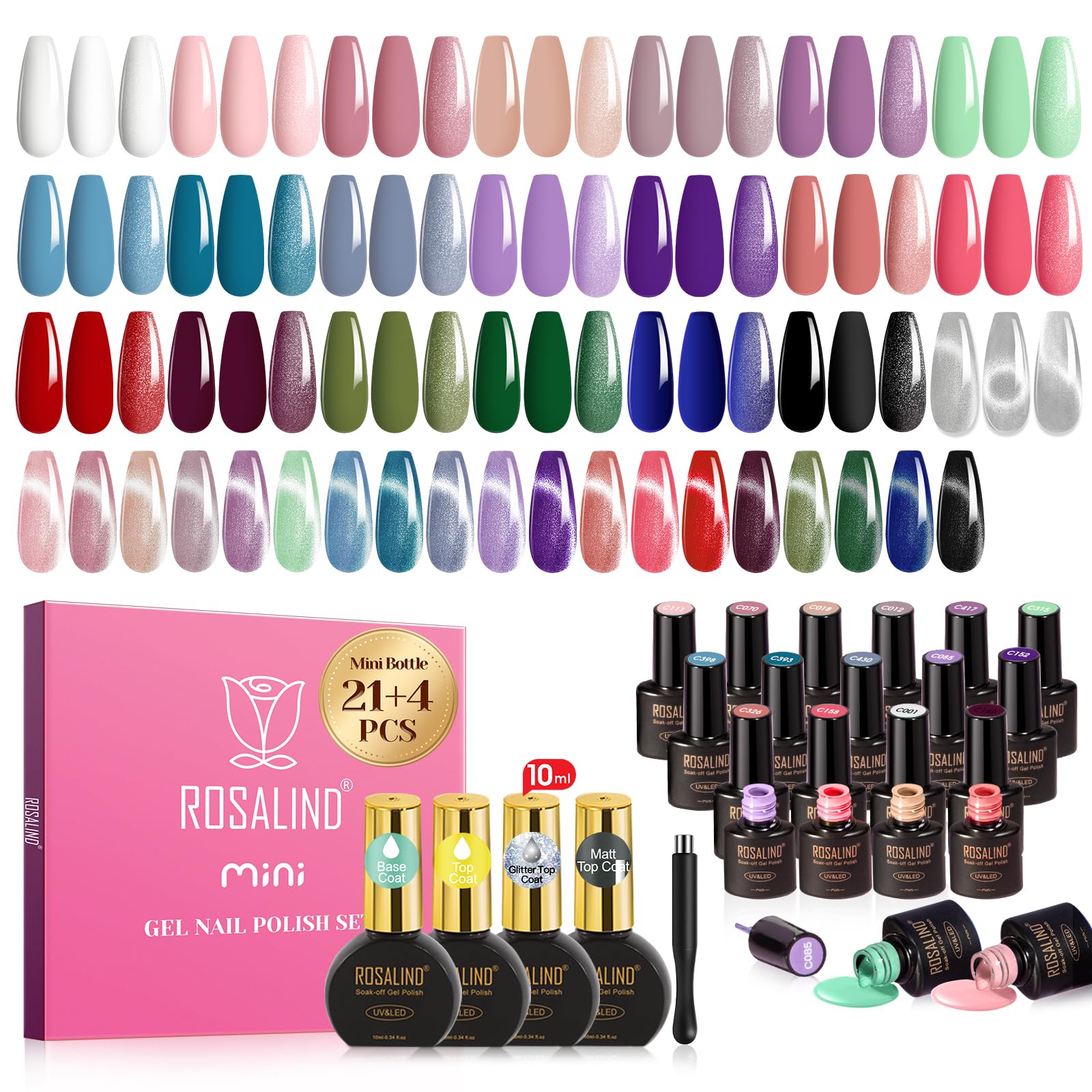 ROSALIND 25pcs Gel Nail Polish Set 21 colors gel polish Burgundy Purple Nude Silver Cat Eye with 10mL 4pcs Base & Top Coat, Soak Off U v DIY Salon Nail Gel Gift for Women
