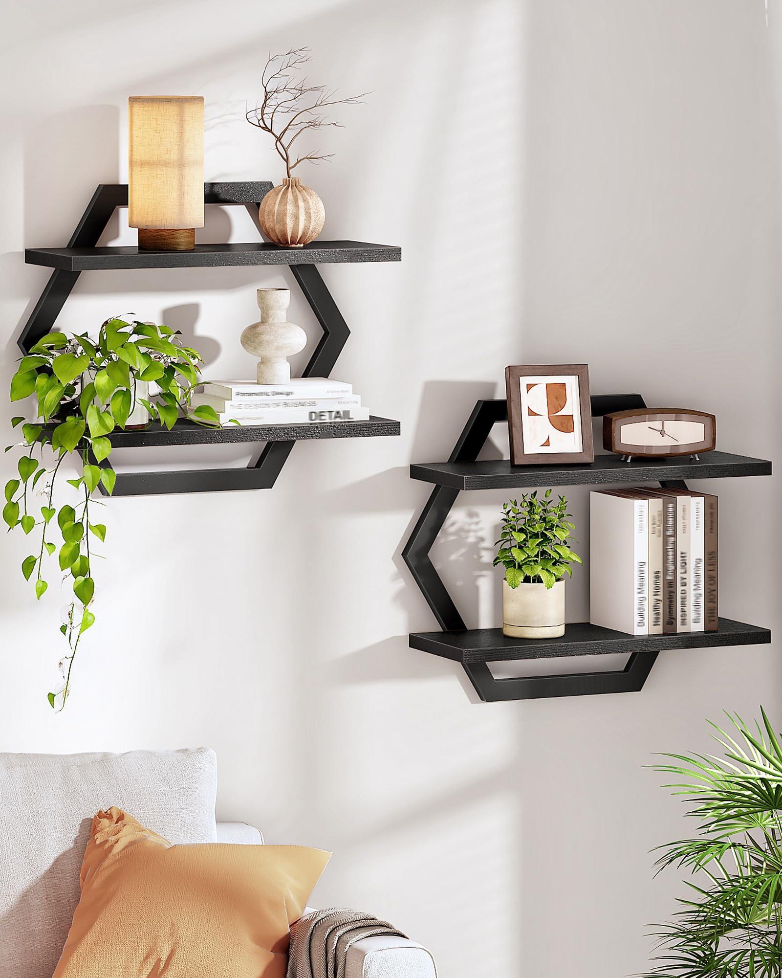 CHOEZON Hexagon Floating Shelves, Set of 2, 2-Tier Hanging Shelves, Wall Mounted Storage Shelves, Metal Frame, for Living Room, Bedroom, Kitchen, Home Office, Study, Black DTBJ06P2BB