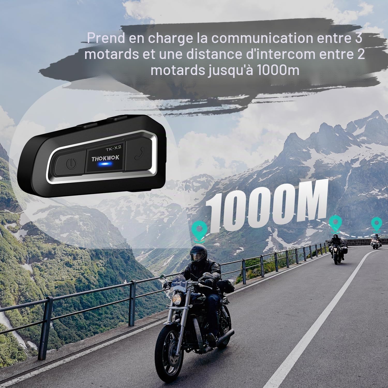 Intercom Moto Duo pour 2 Casques TK-X2 Ecouteur Bluetooth pour Casque Moto, 1000M Kit Main Libre Oreillette Bluetooth, Communication Système pour Motocross/ATV/Motoneige/Vélo(2 Pièce)
