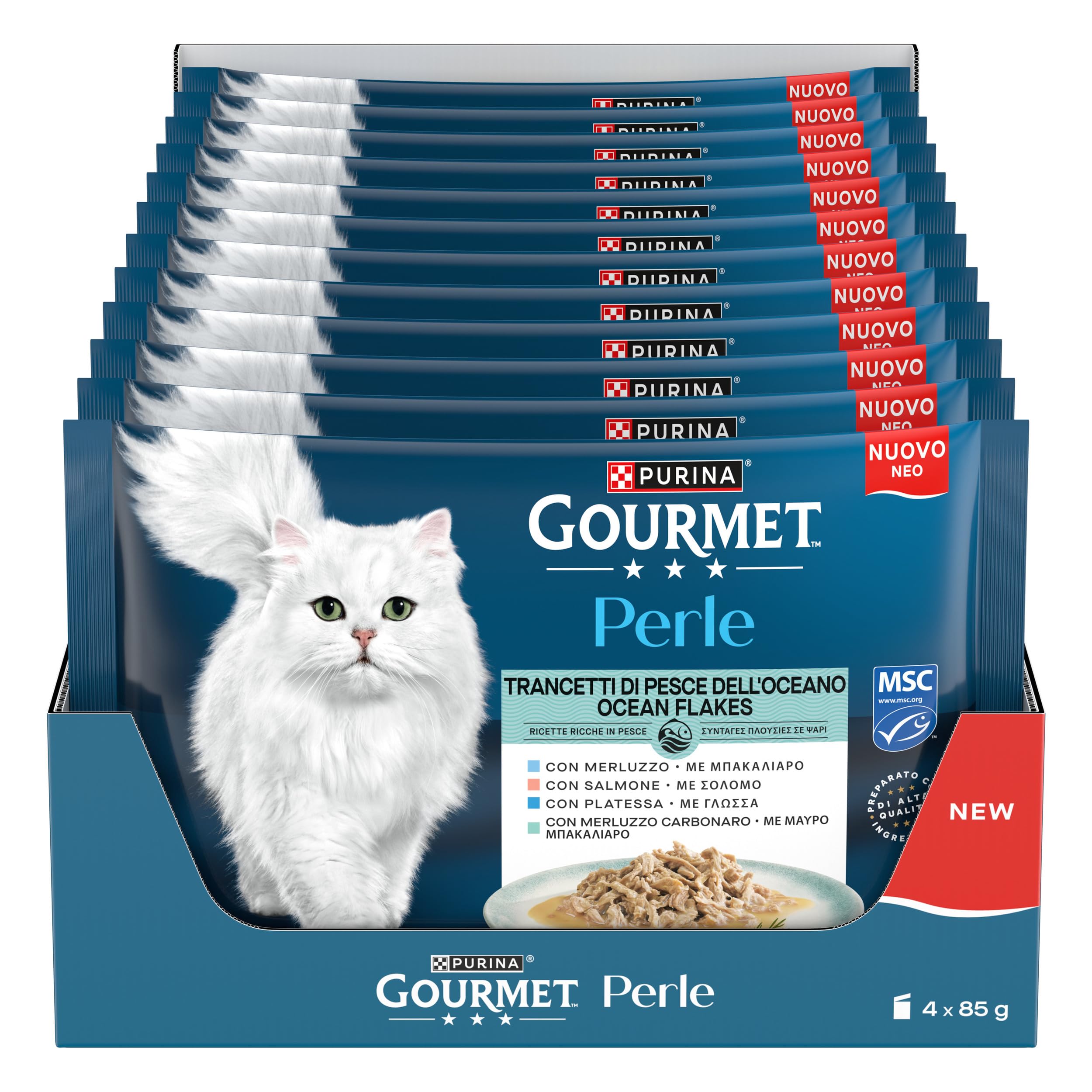 GOURMET PERLE Cibo umido per gatti Adulti Trancetti Pesce dell'Oceano con Salmone, Merluzzo, Platessa e Merluzzo Carbonaro 48 bustine da 85g