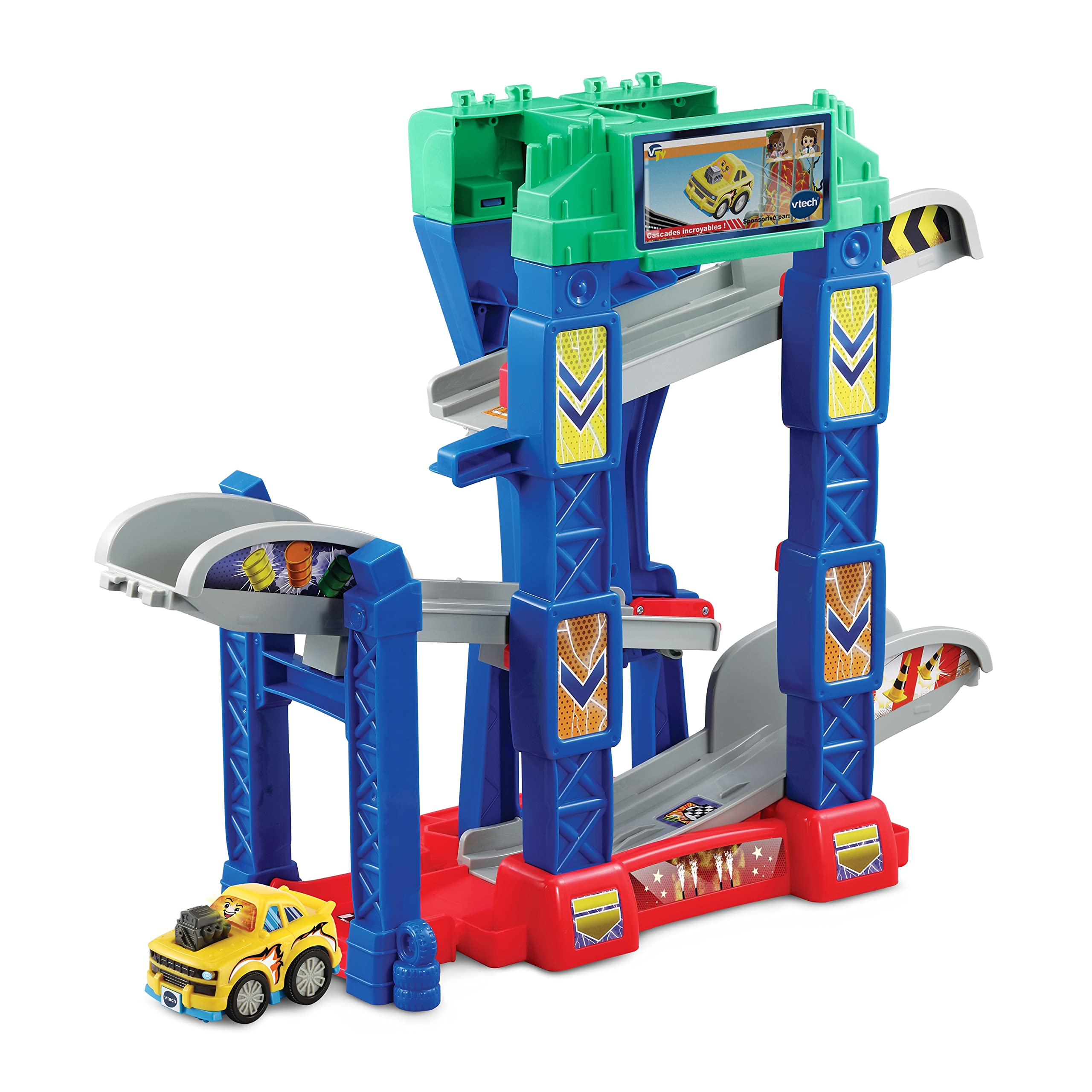 VTech - Tut Tut Bolides Série Pro, Multi Cascades Jump&Go 4 en 1 avec Voiture Jad Super Cascades, Circuit Voitures, 3 Zones Magiques, Cadeau Enfant de 2 Ans à 6 Ans - Contenu en Français