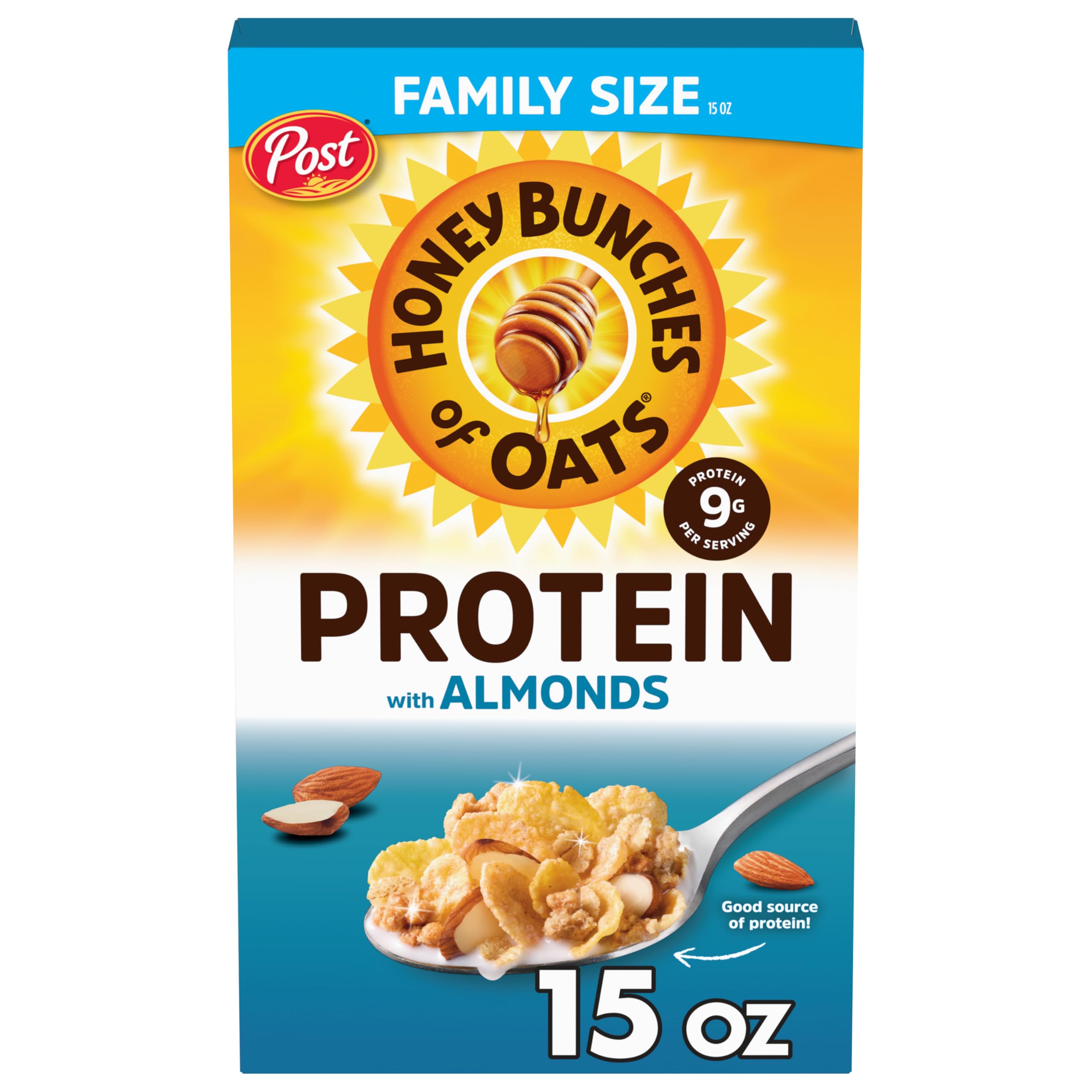 Honey Bunches of Oats Honey & Almond Protein Cereal, Breakfast or Snack, Family Size, 15 oz (Pack of 1)